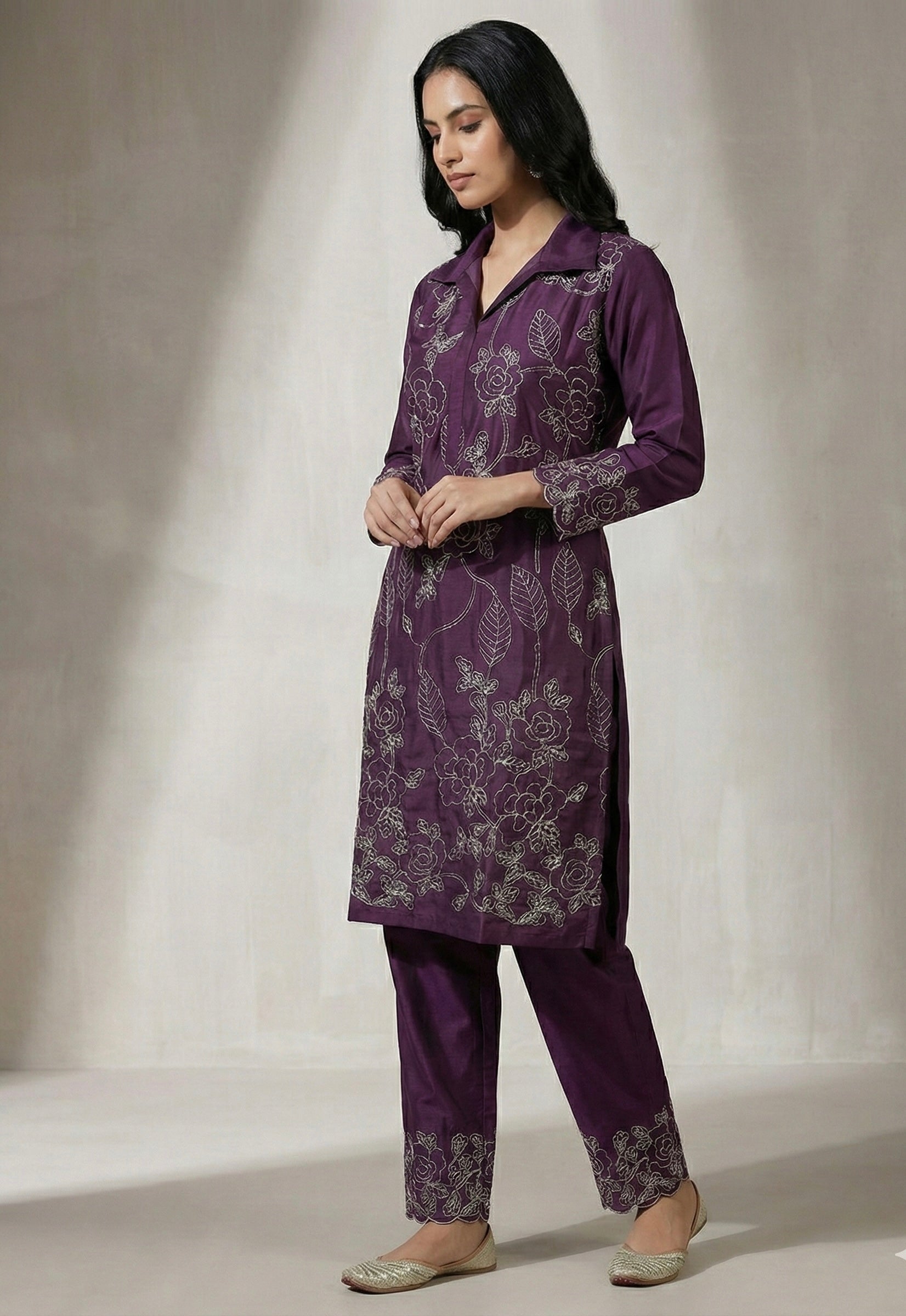 Dori Work Embroidered Coord Set – Roman Silk | Plum & Maroon