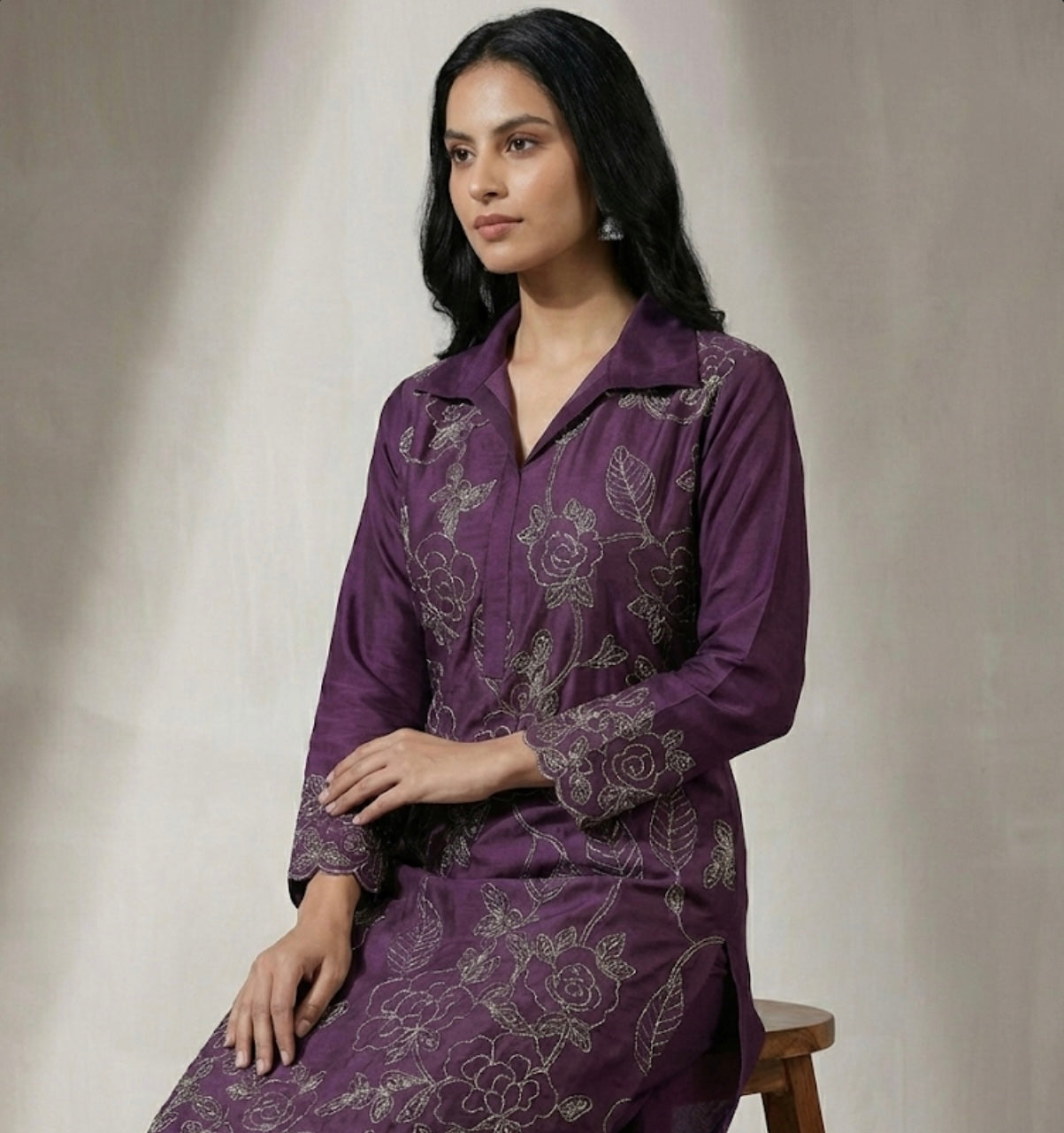 Dori Work Embroidered Coord Set – Roman Silk | Plum & Maroon