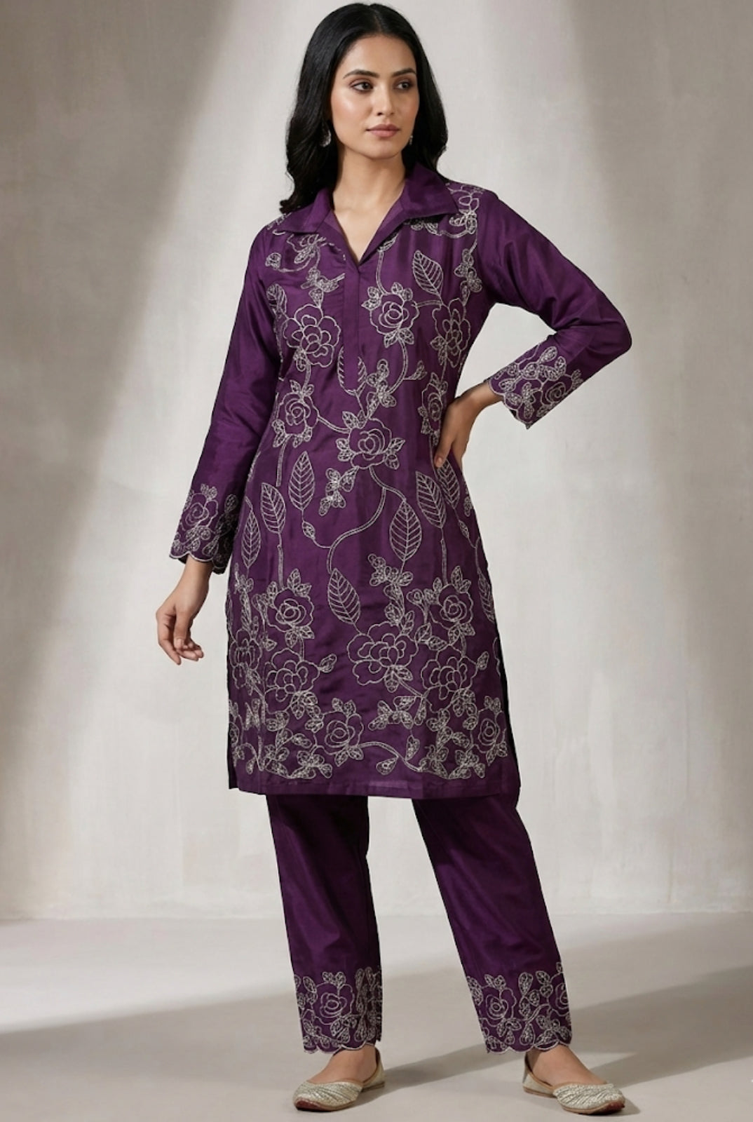 Dori Work Embroidered Coord Set – Roman Silk | Plum & Maroon