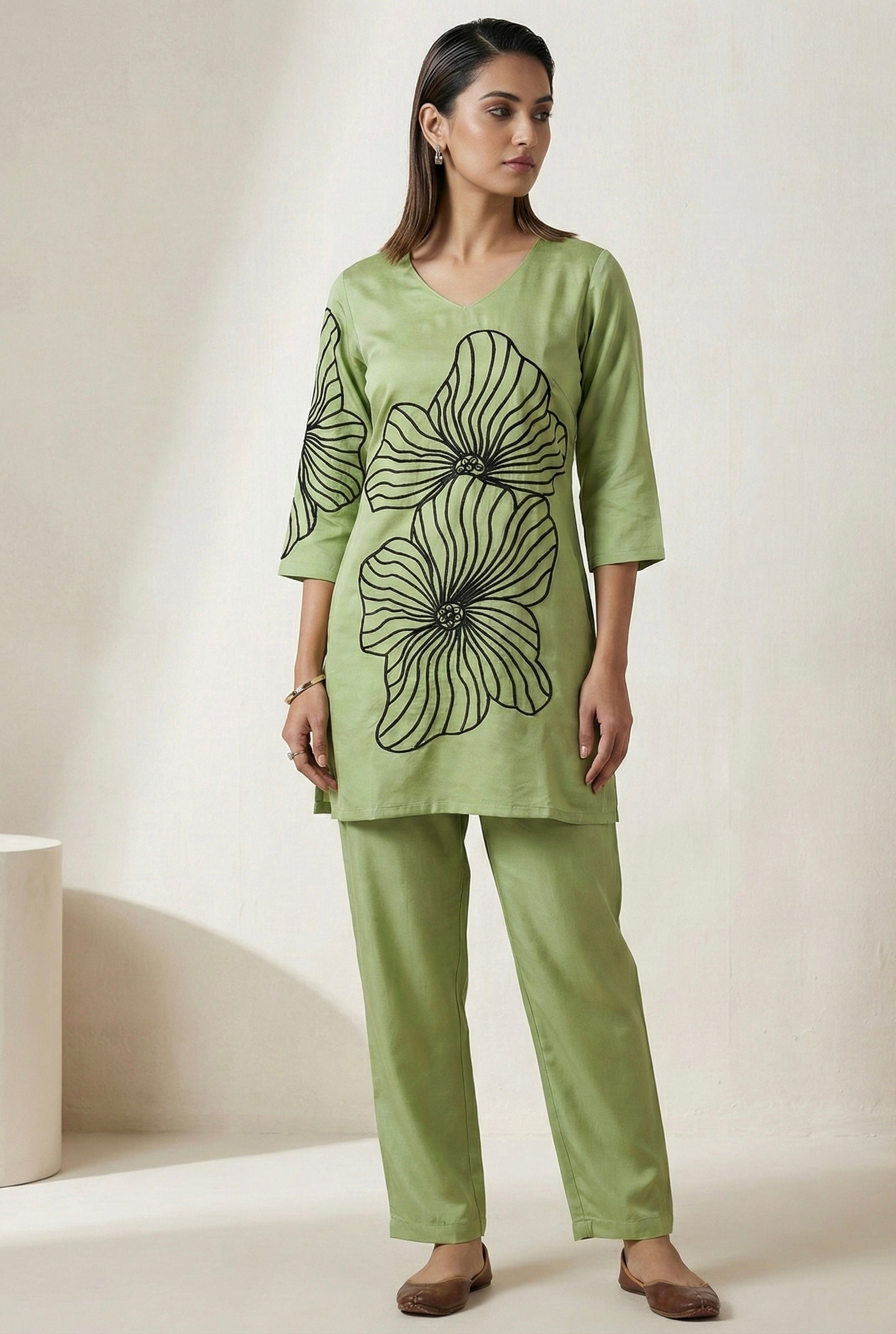 Roman Silk Coord Set with Black Floral Embroidery & American Cotton Inner