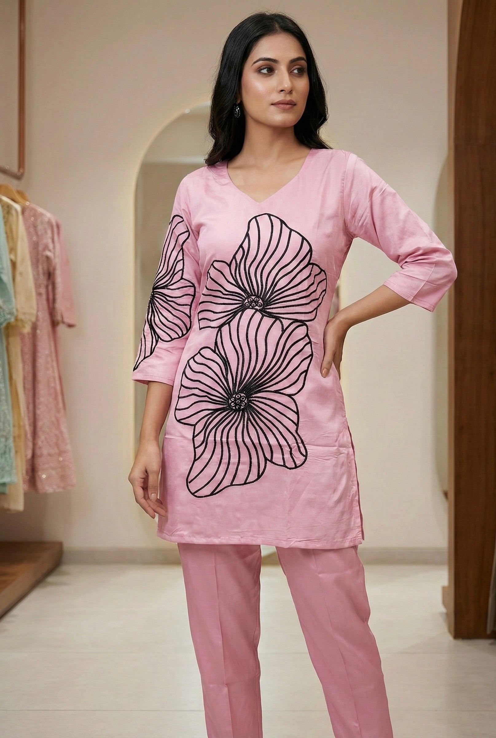 Roman Silk Coord Set with Black Floral Embroidery & American Cotton Inner