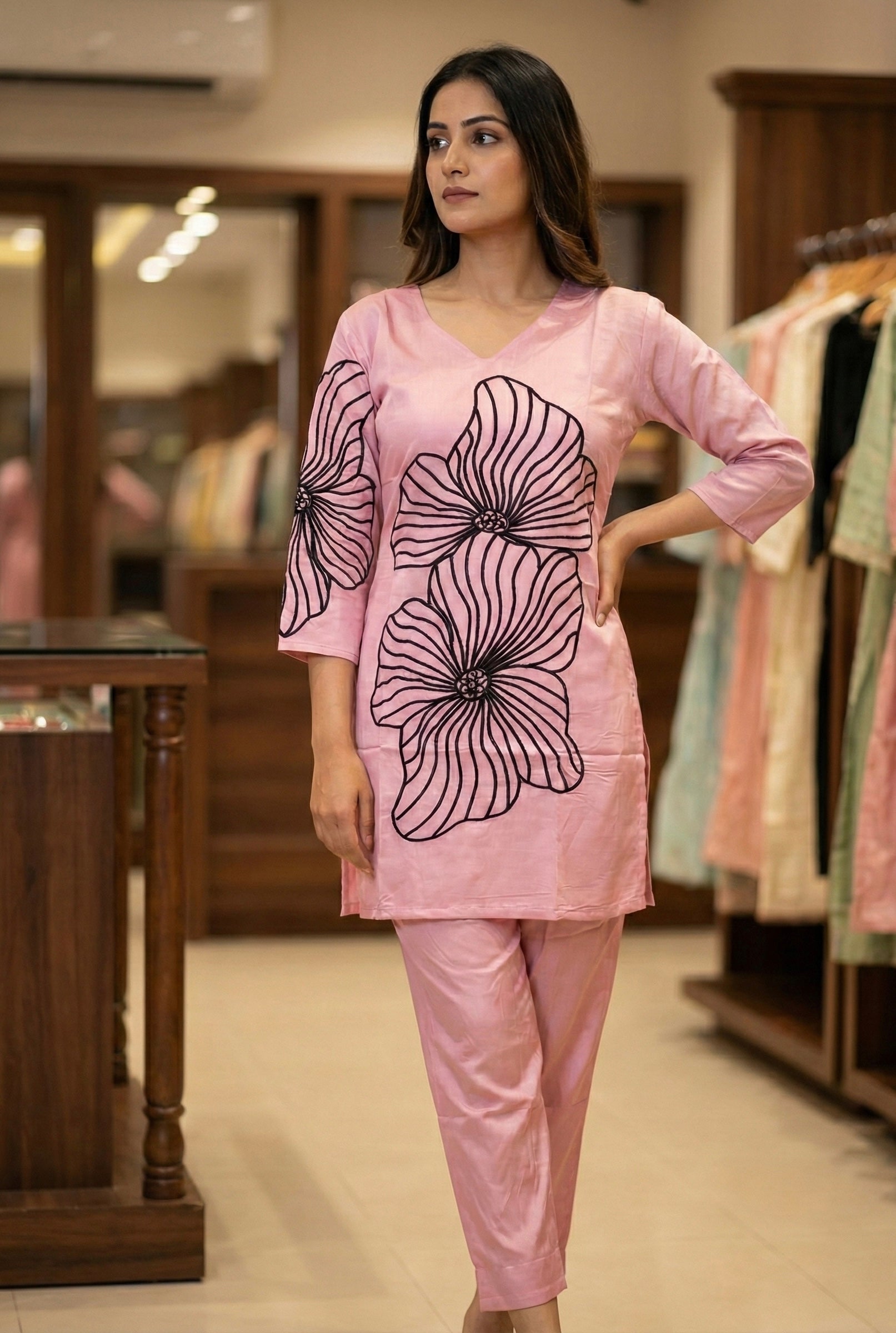 Roman Silk Coord Set with Black Floral Embroidery & American Cotton Inner