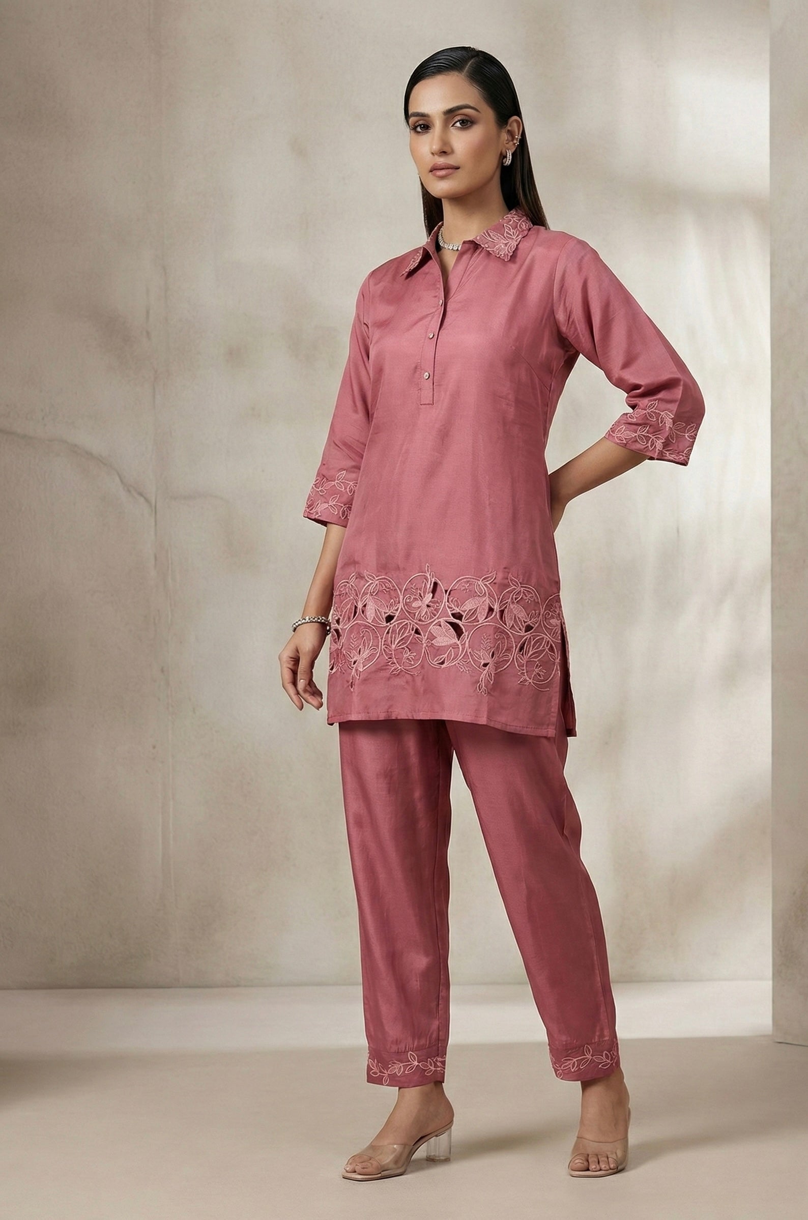 Ziva Cutwork Coord Set – Roman Silk | M to XXL
