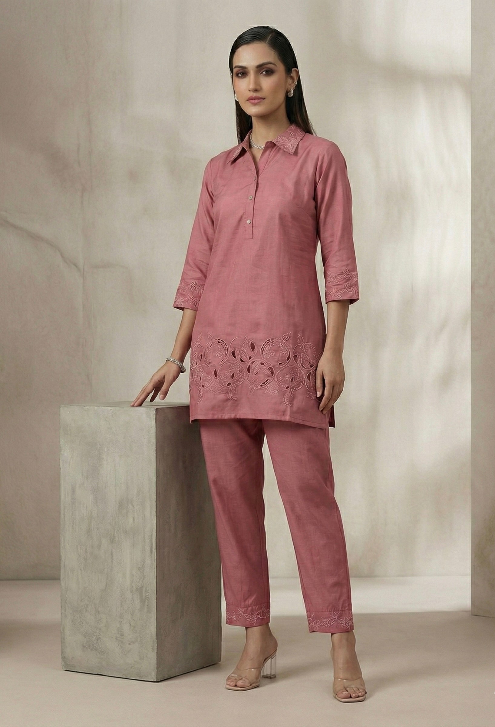 Ziva Cutwork Coord Set – Roman Silk | M to XXL