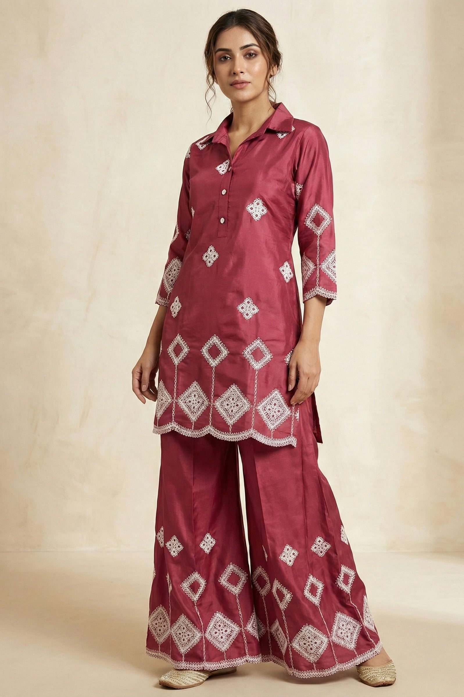 Ari Work Roman Silk Sharara Coord Set with Inner (L–XXL)