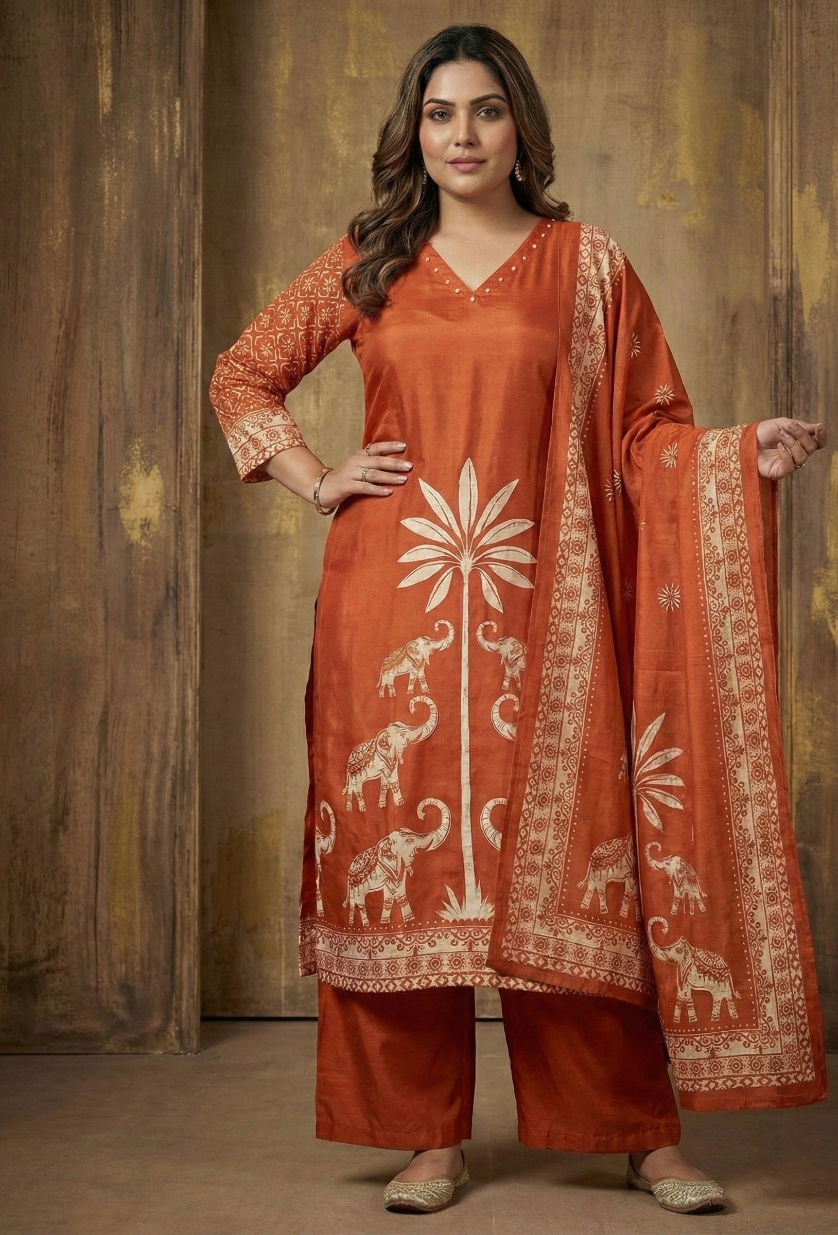 The Rustic Royal: Pure Russian Silk Elephant Motif Set with Handwork Detail