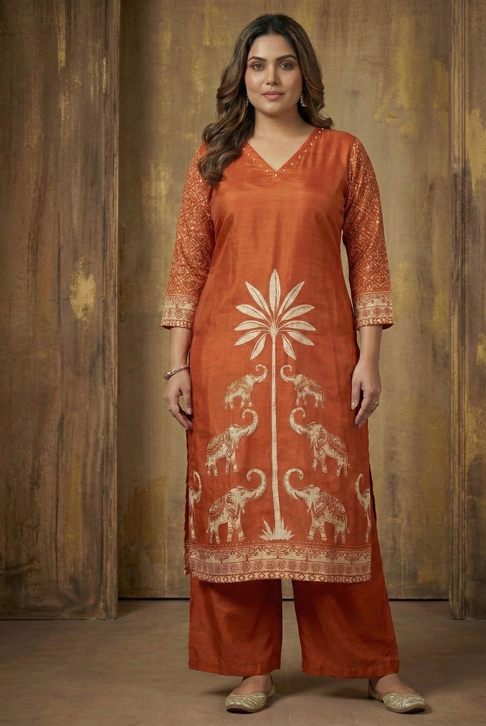 The Rustic Royal: Pure Russian Silk Elephant Motif Set with Handwork Detail