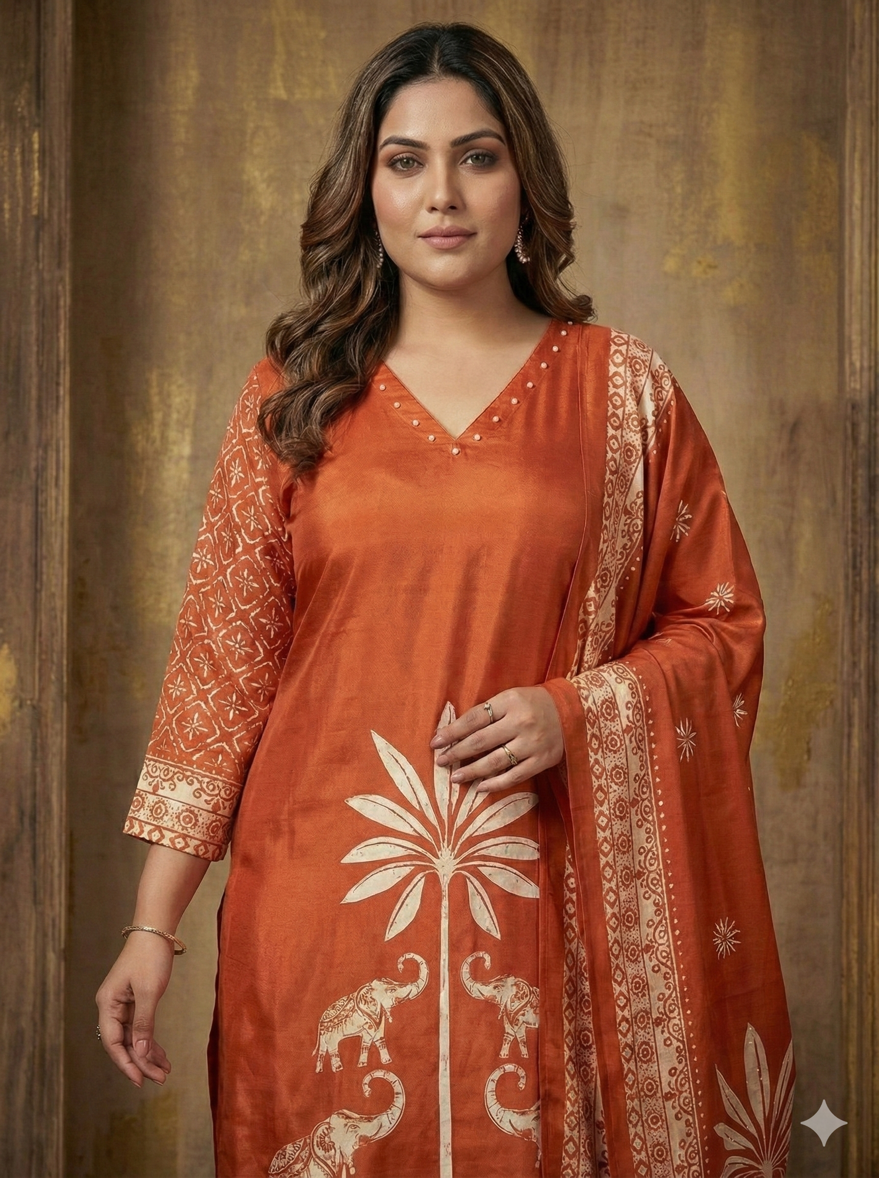 The Rustic Royal: Pure Russian Silk Elephant Motif Set with Handwork Detail