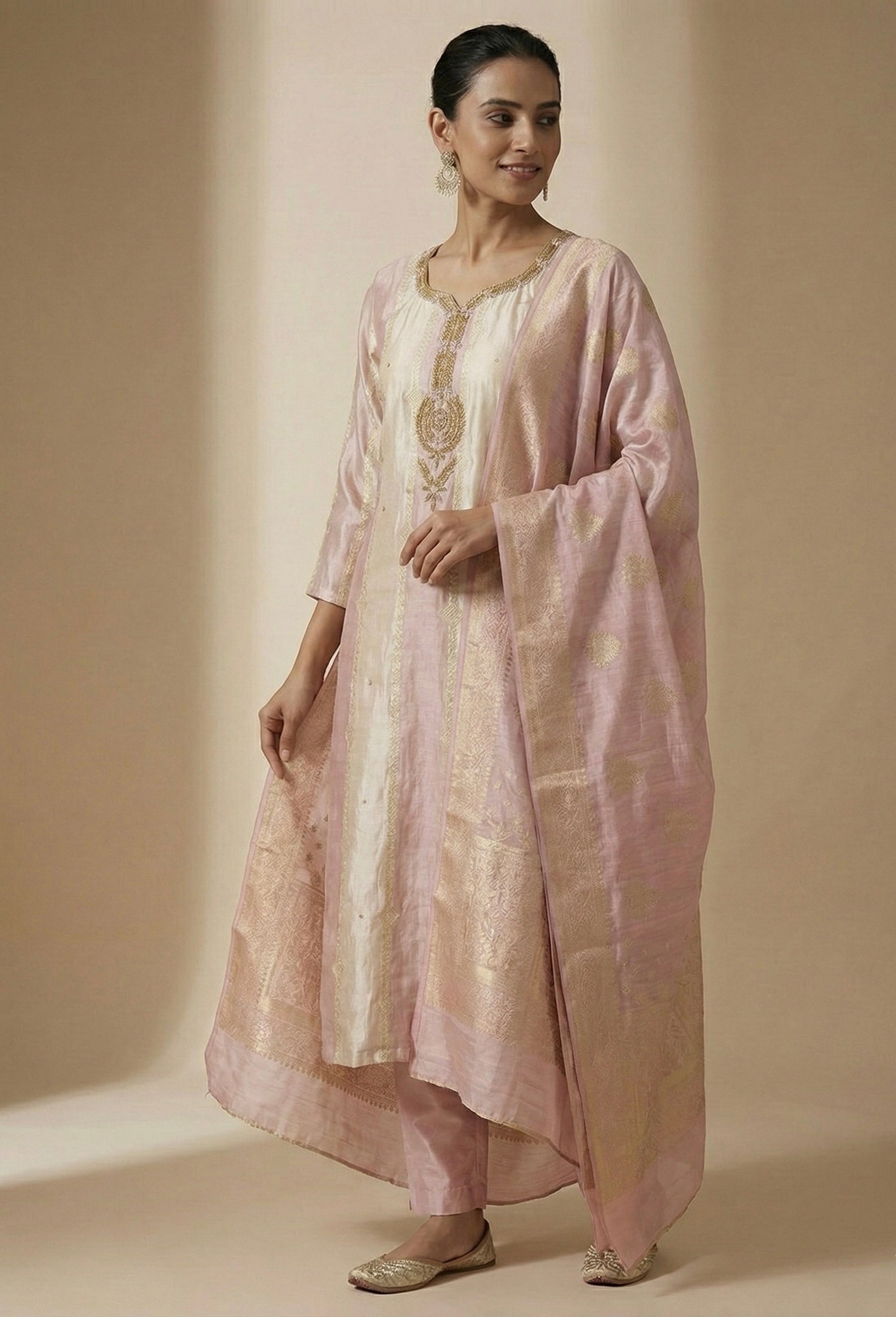 The Blush Royal: Pure Chanderi Jacquard Suit with Zardosi Work