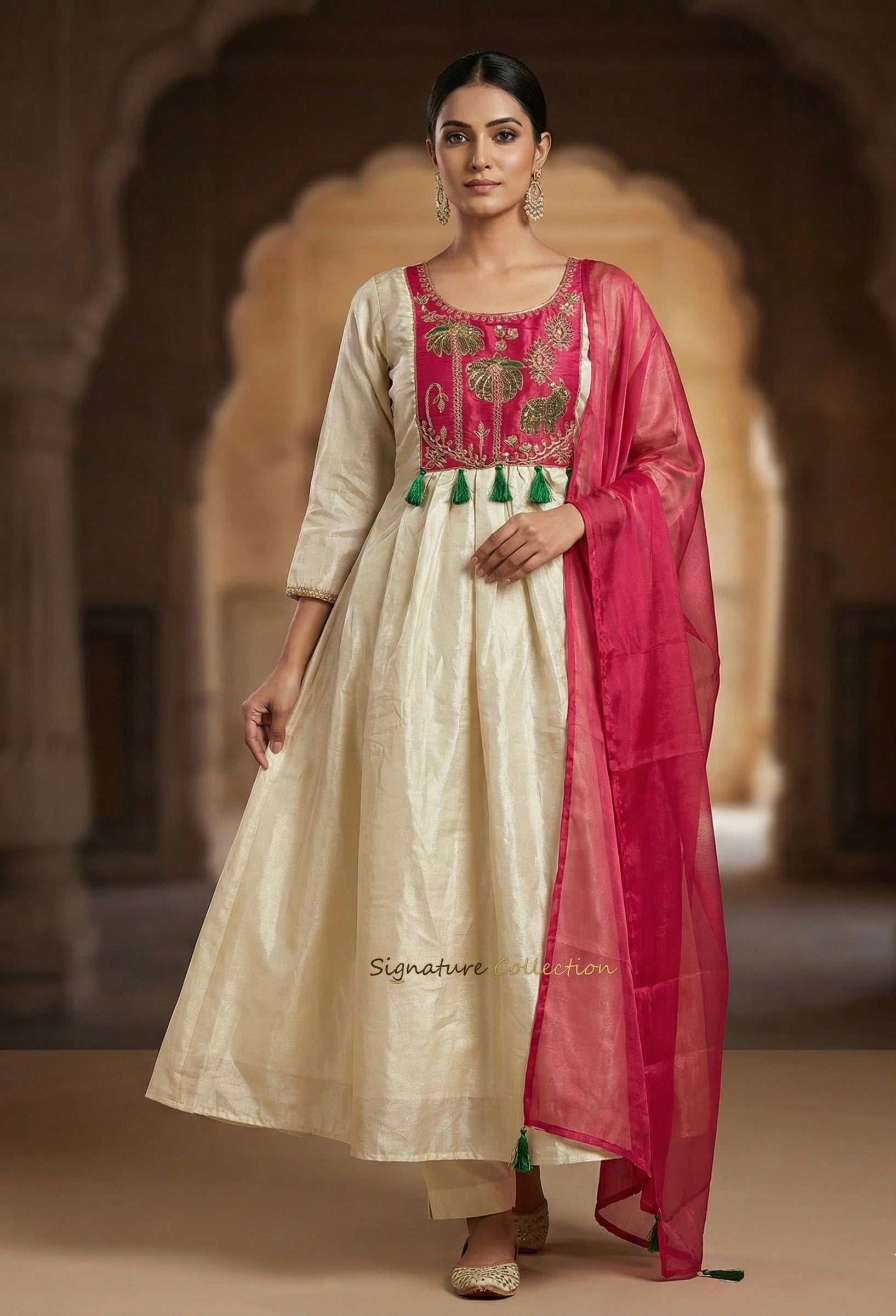 The Ivory Heritage: Tissue Jacquard Handwork Ghera Set with Glass Roman Dupatta