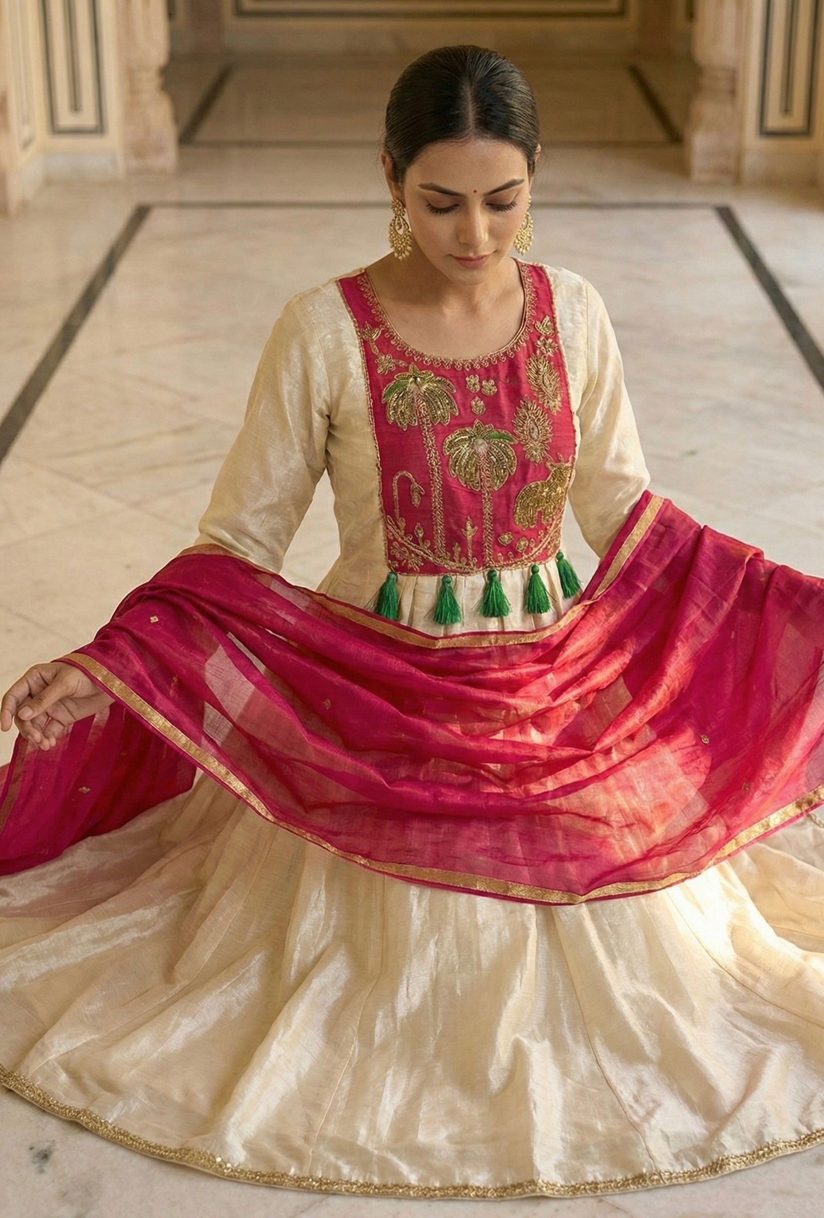 The Ivory Heritage: Tissue Jacquard Handwork Ghera Set with Glass Roman Dupatta