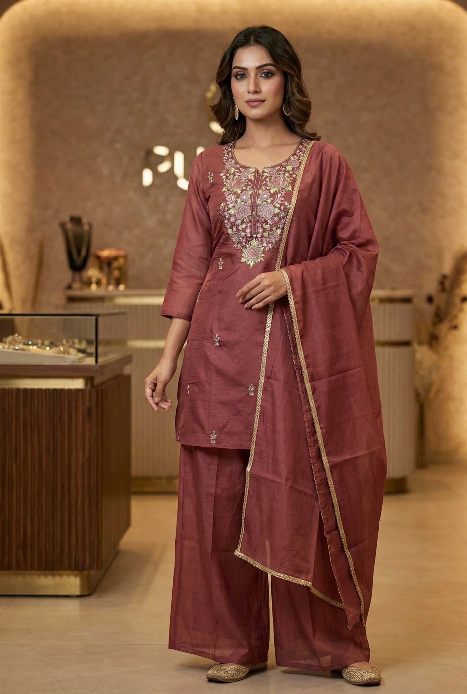 Bloom: Hand-Embroidered Mul Chanderi Suit Set
