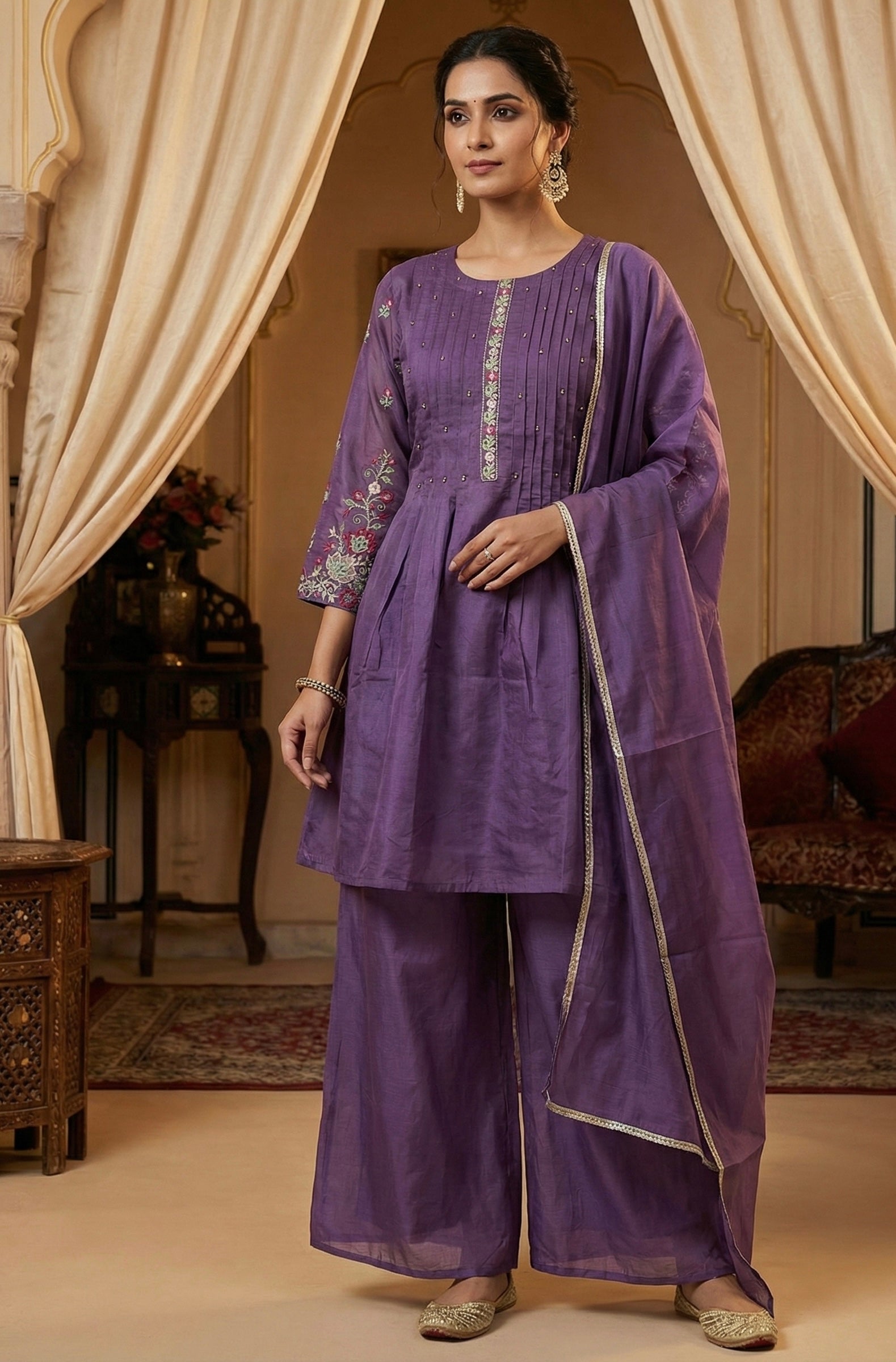 The Chanderi Edit: Hand-Embroidered Short Kurta & Palazzo Set