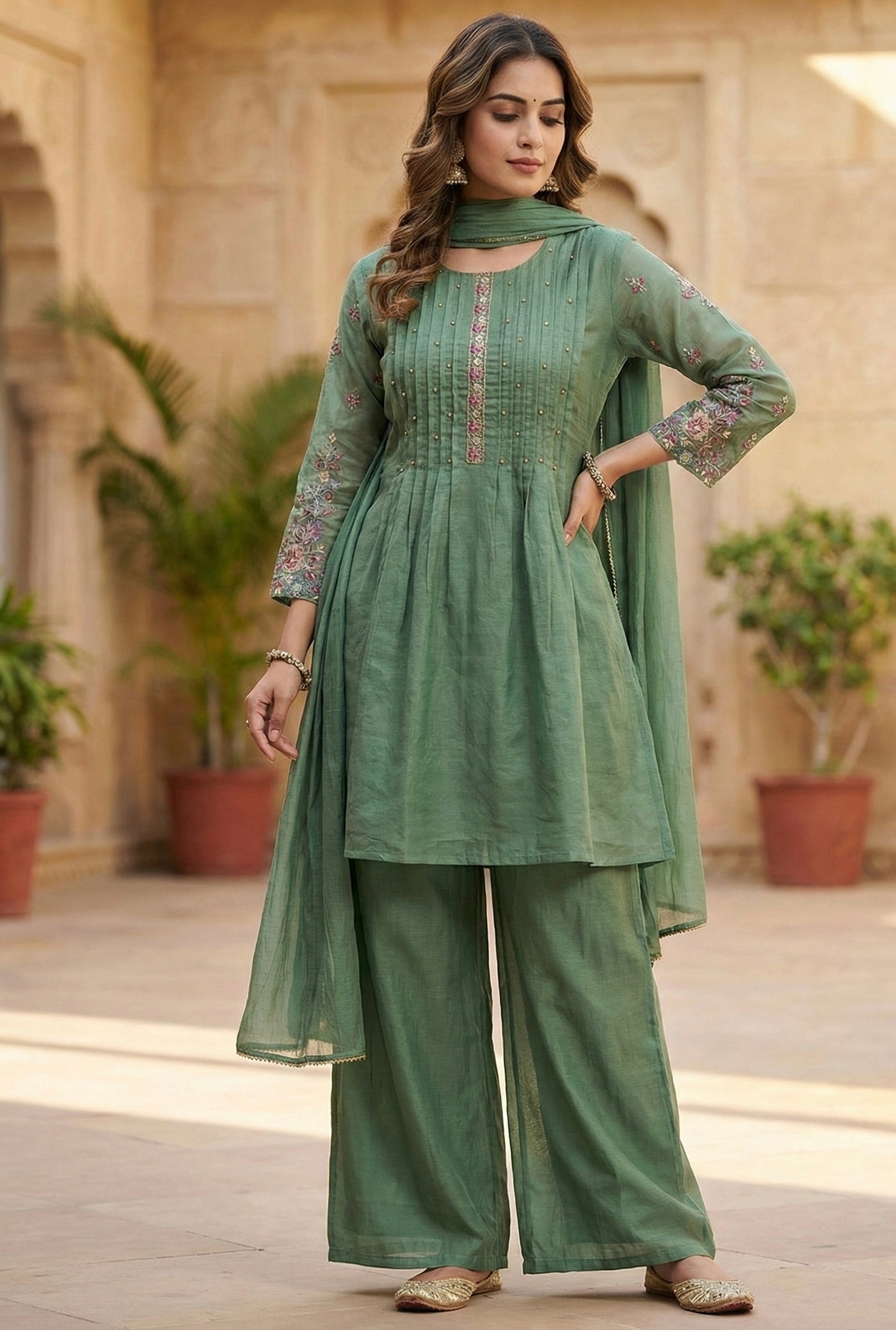 The Chanderi Edit: Hand-Embroidered Short Kurta & Palazzo Set