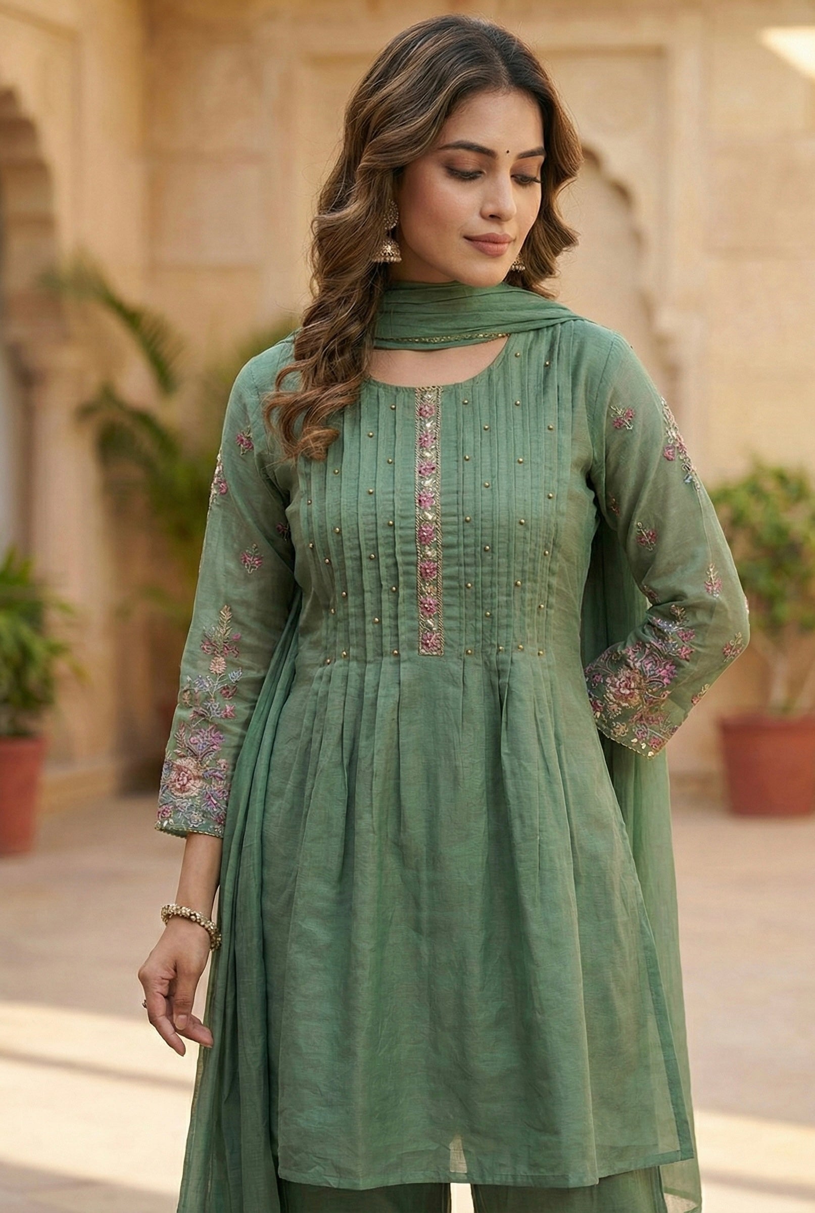 The Chanderi Edit: Hand-Embroidered Short Kurta & Palazzo Set