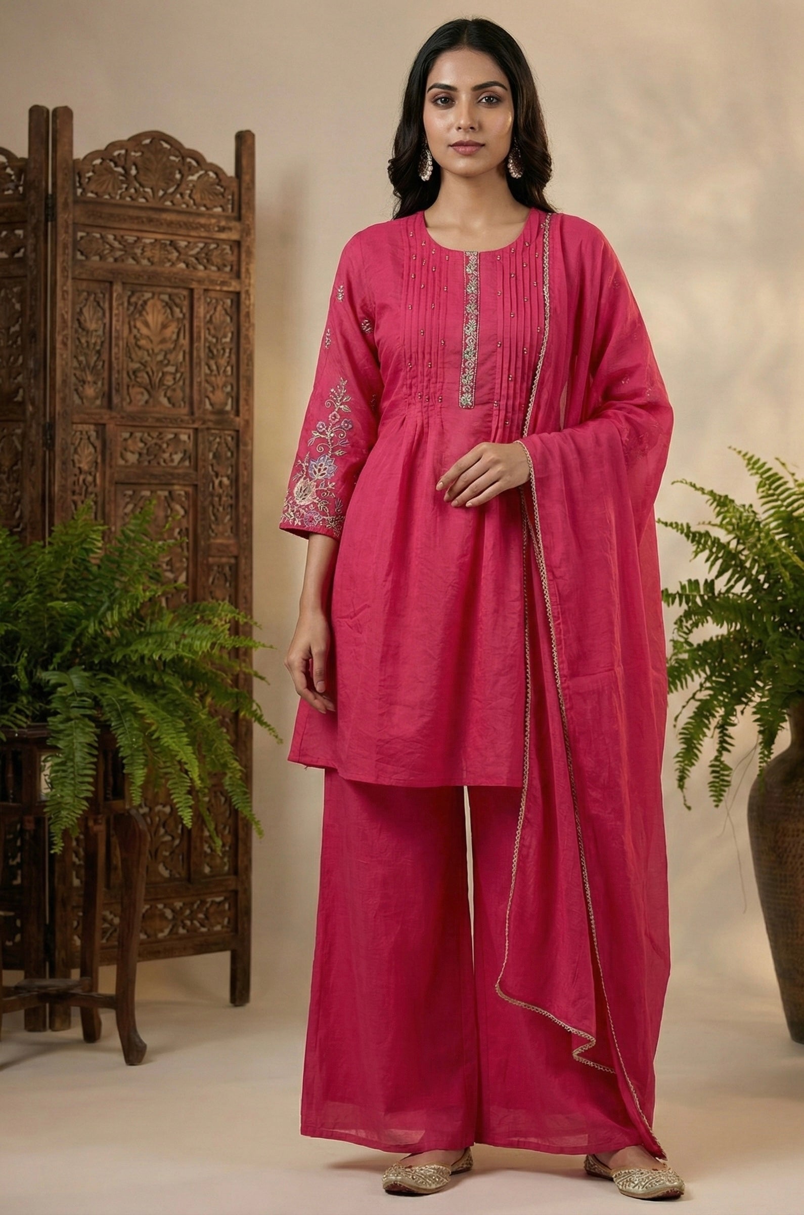 The Chanderi Edit: Hand-Embroidered Short Kurta & Palazzo Set