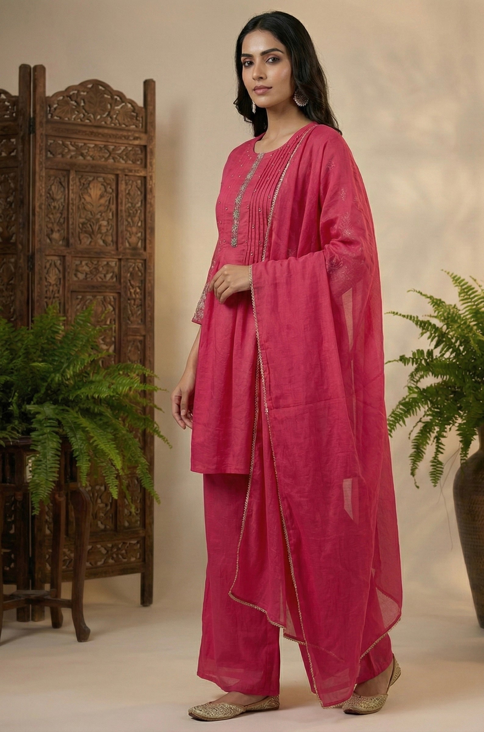 The Chanderi Edit: Hand-Embroidered Short Kurta & Palazzo Set