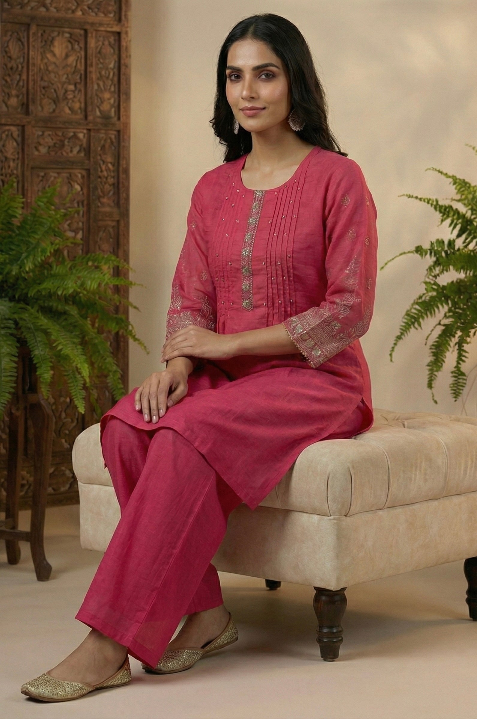 The Chanderi Edit: Hand-Embroidered Short Kurta & Palazzo Set