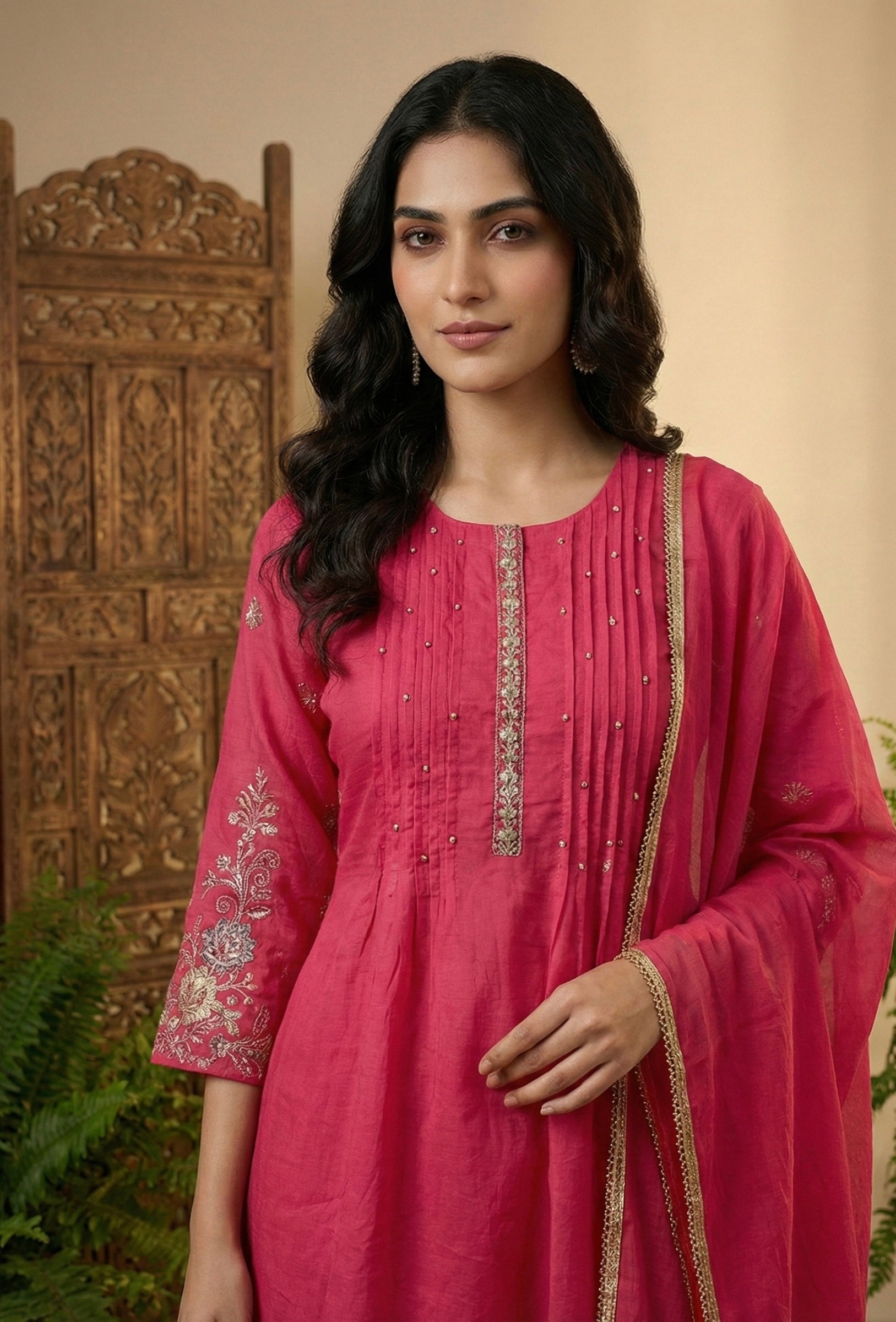 The Chanderi Edit: Hand-Embroidered Short Kurta & Palazzo Set