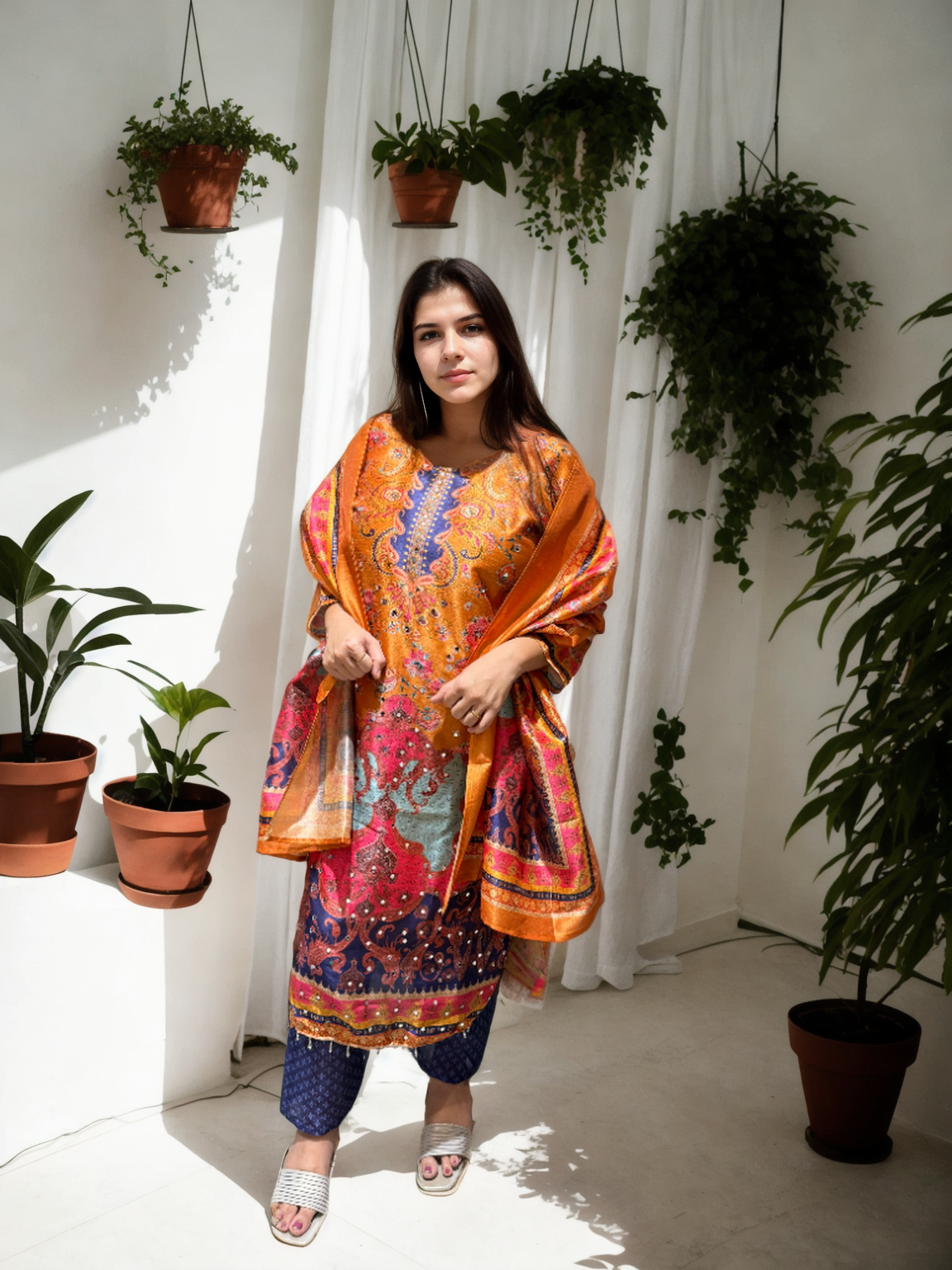 Gadwal Silk Print 3-Piece Suit Set — Saffron Paisley with Mirror Work
