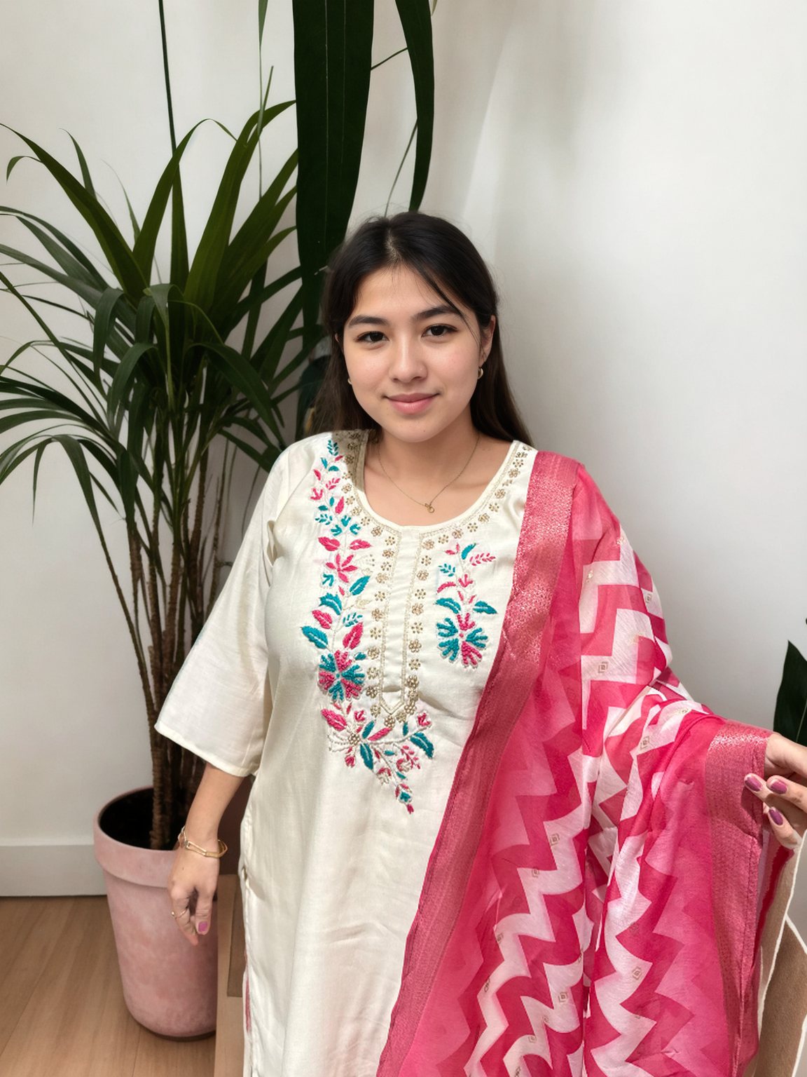 Elegant Roman Silk Suit with Hand Embroidered Neckline & Printed Chanderi Dupatta – Off White
