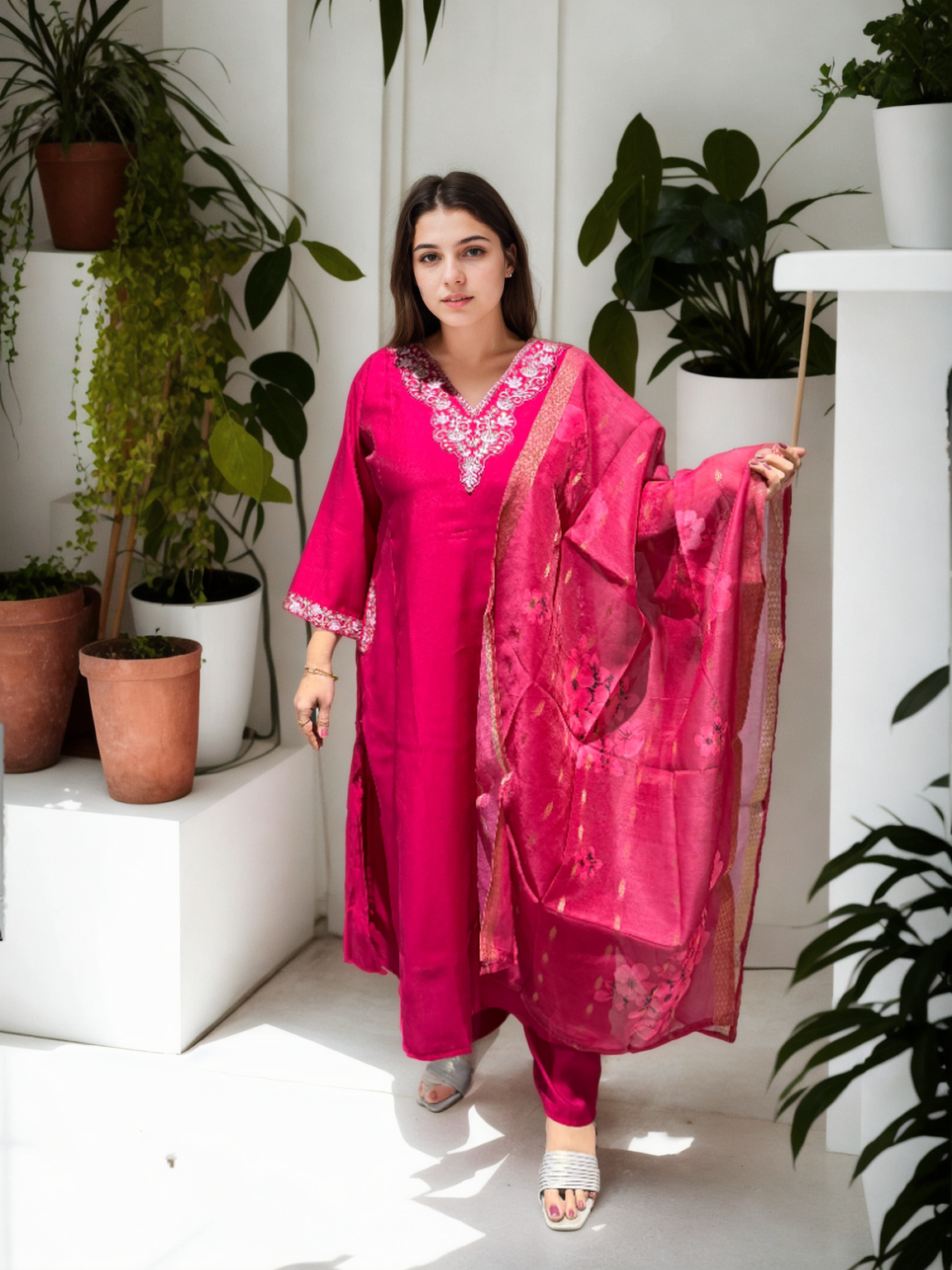 A-Line Suit Set with Chanderi Dupatta & Hand Embroidery