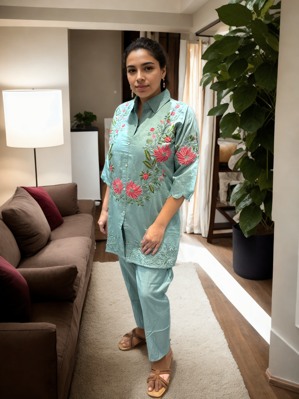 Floral Grace Embroidered Coord Set in Vatican Silk (With Inner)