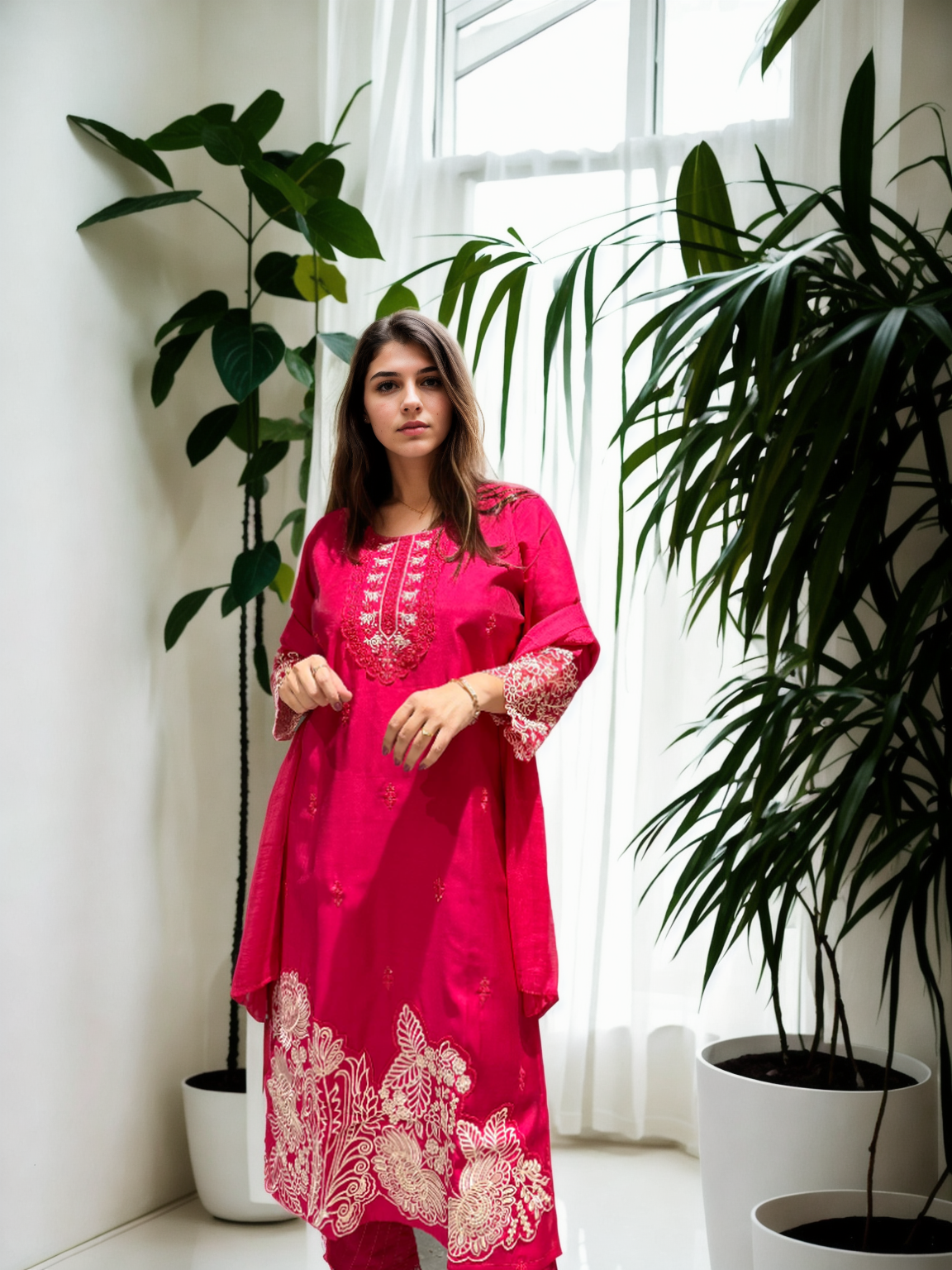 Embroidered Roman Silk Suit Set with Organza Sleeves & Cotton Naznin Dupatta – Signature Edition (5 Colors)