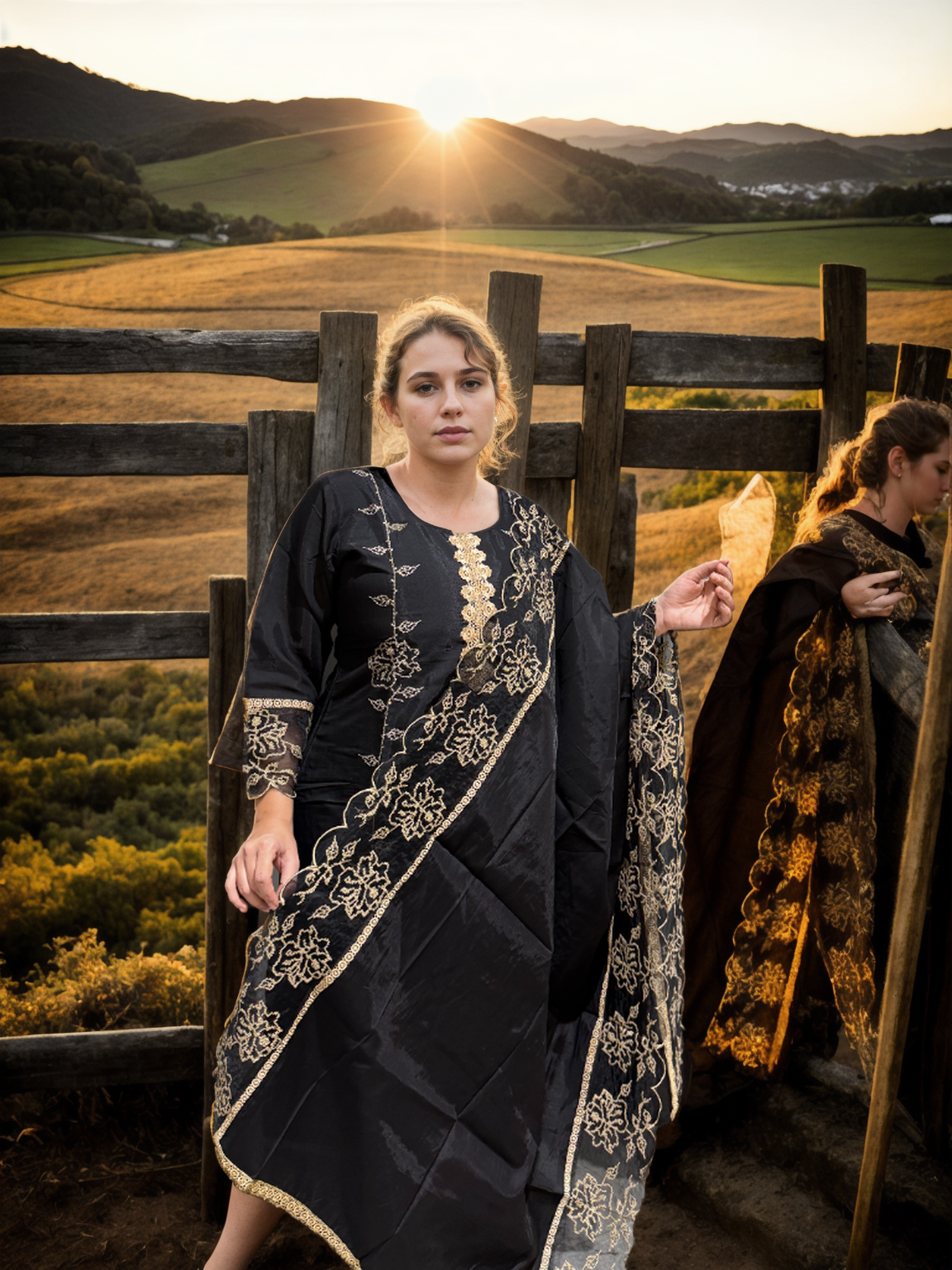 Noir Elegance - Roman Silk Embroidered Suit Set