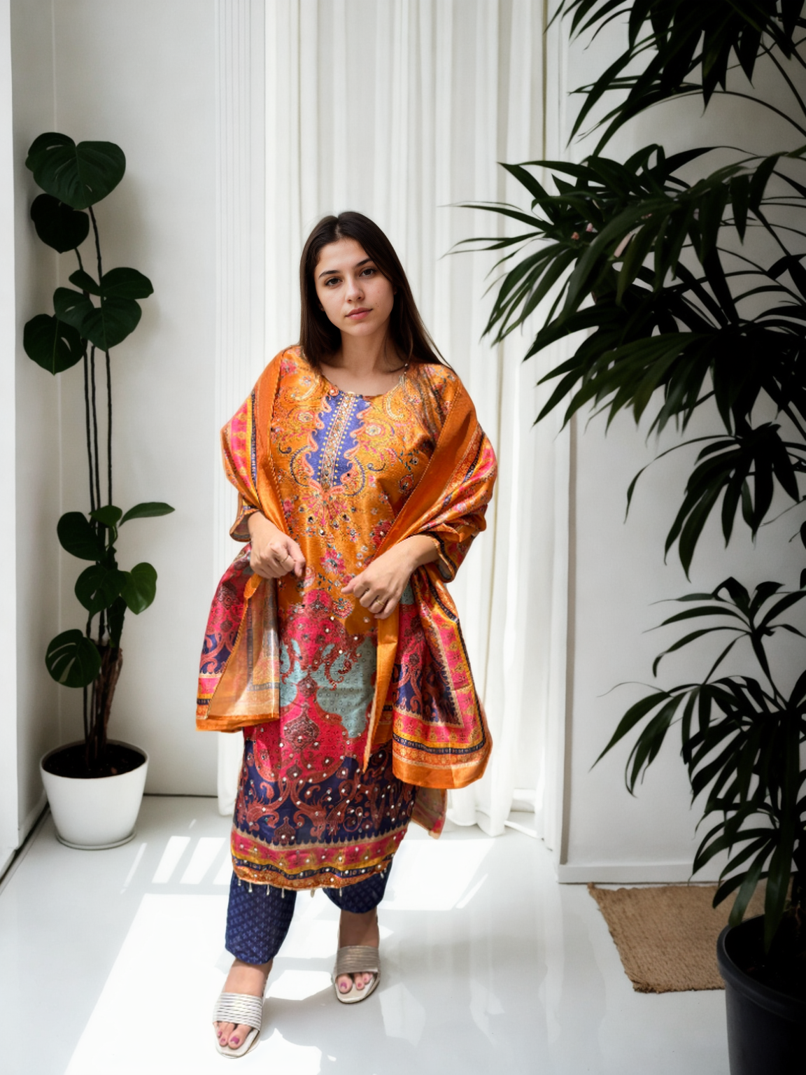 Gadwal Silk Print 3-Piece Suit Set — Saffron Paisley with Mirror Work