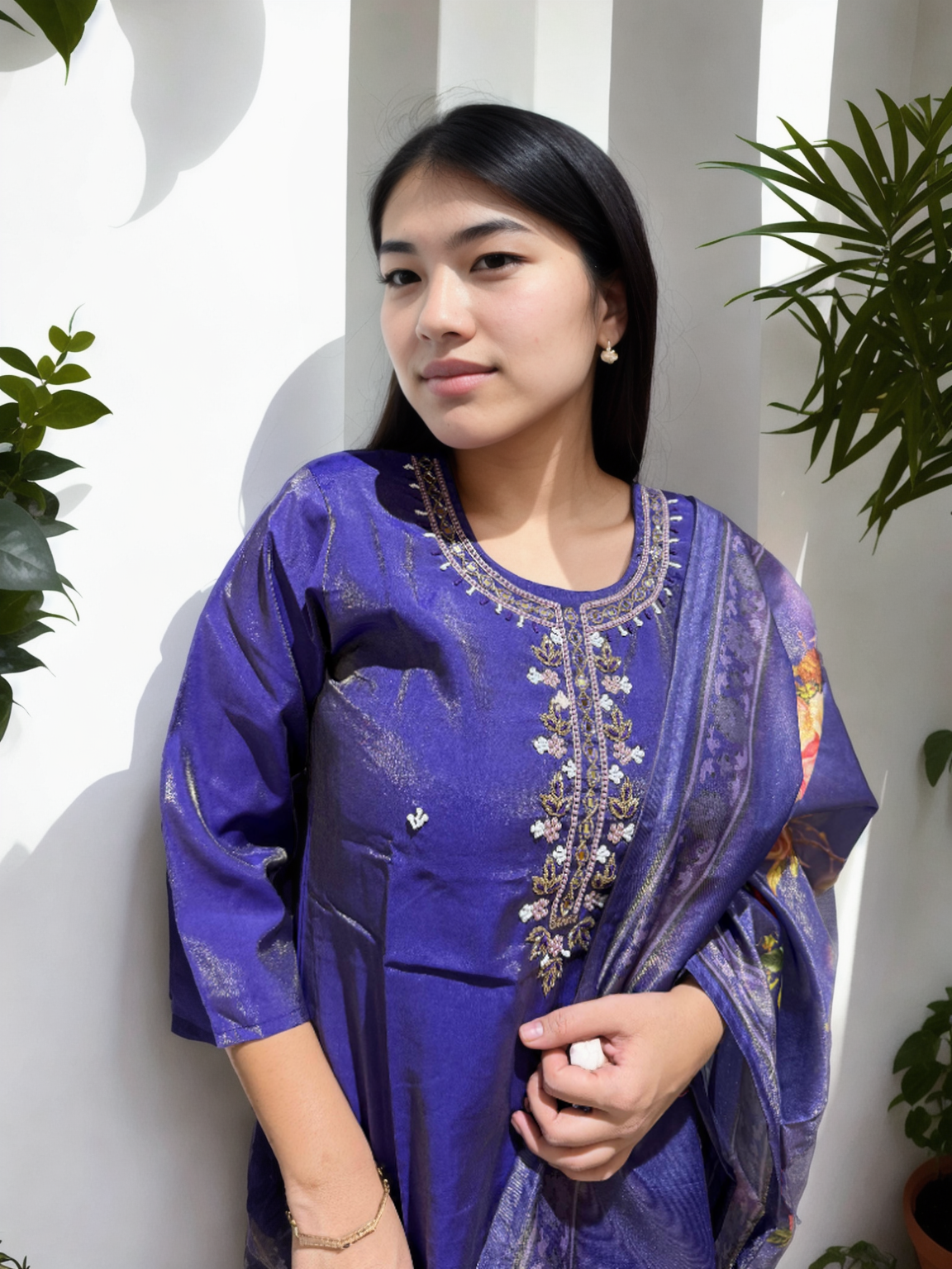 Shimmer Suit Set with Handwork & Floral Muslin Dupatta – Festive Glow