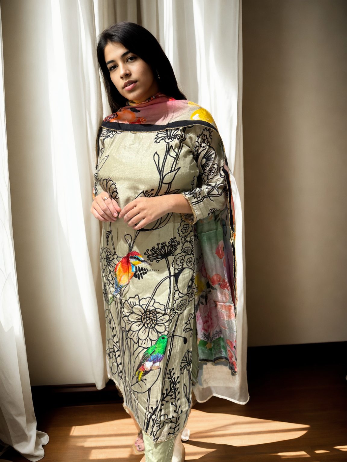 Parindey Pure Silk Suit Set with Bird Embroidery & Multicolor Dupatta | Signature Collection