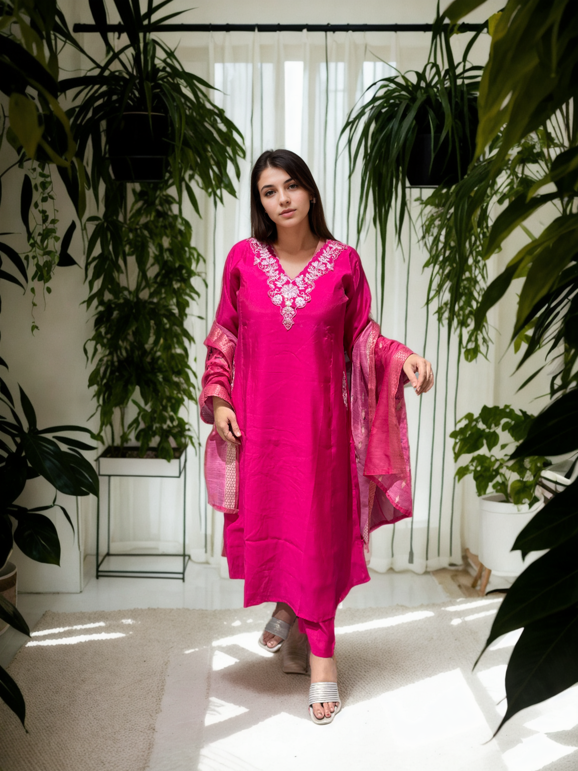 A-Line Suit Set with Chanderi Dupatta & Hand Embroidery