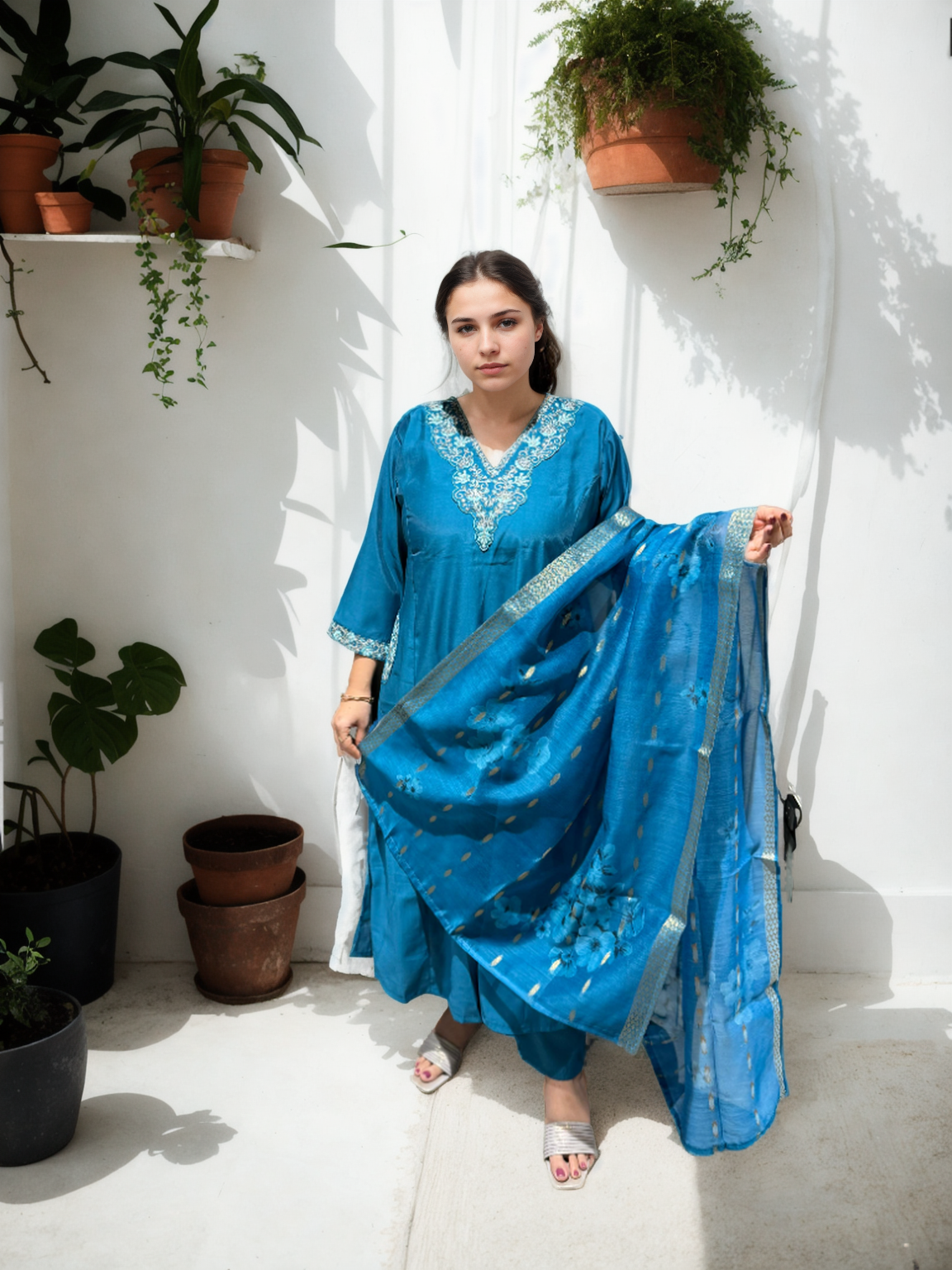 A-Line Suit Set with Chanderi Dupatta & Hand Embroidery