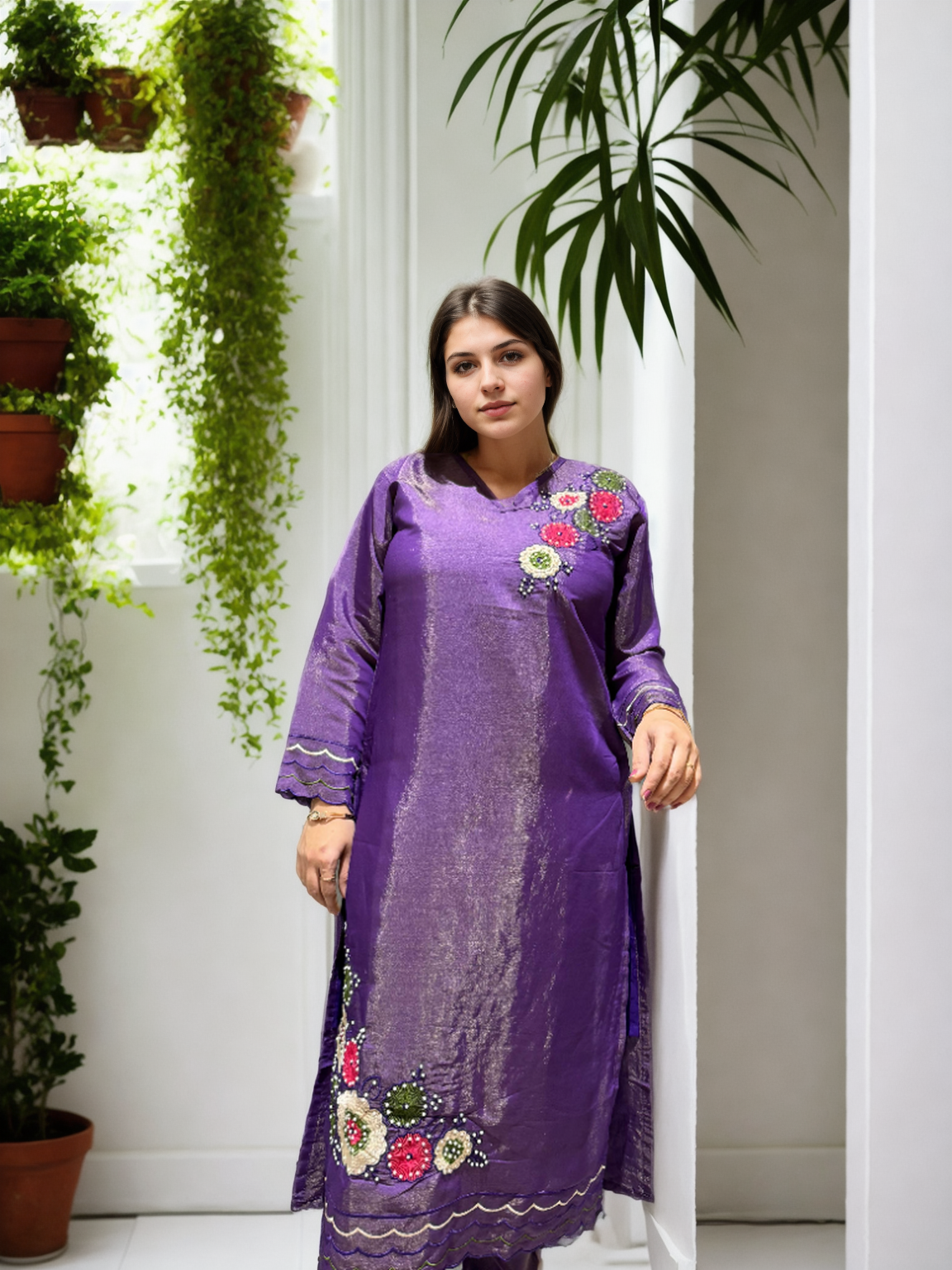 🌟 Shimmer Silk Suit with Digital Dupatta, Embroidery & Pearl Handwork – 3 Colors 🌟