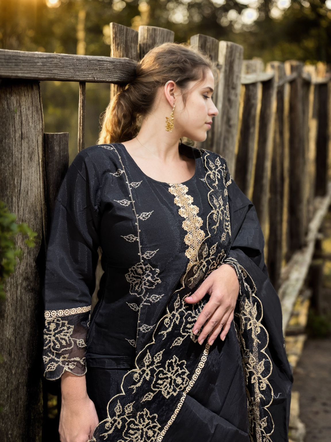 Noir Elegance - Roman Silk Embroidered Suit Set