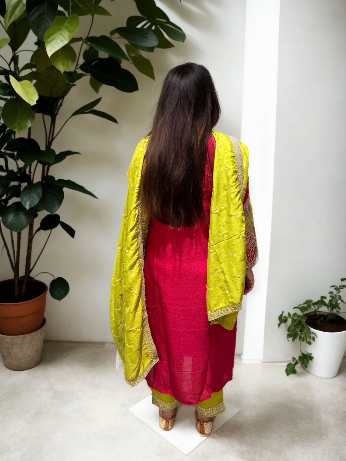 Vichitra Silk Suit Set with Embellished Kurta & Matching Dupatta – Dual Shades