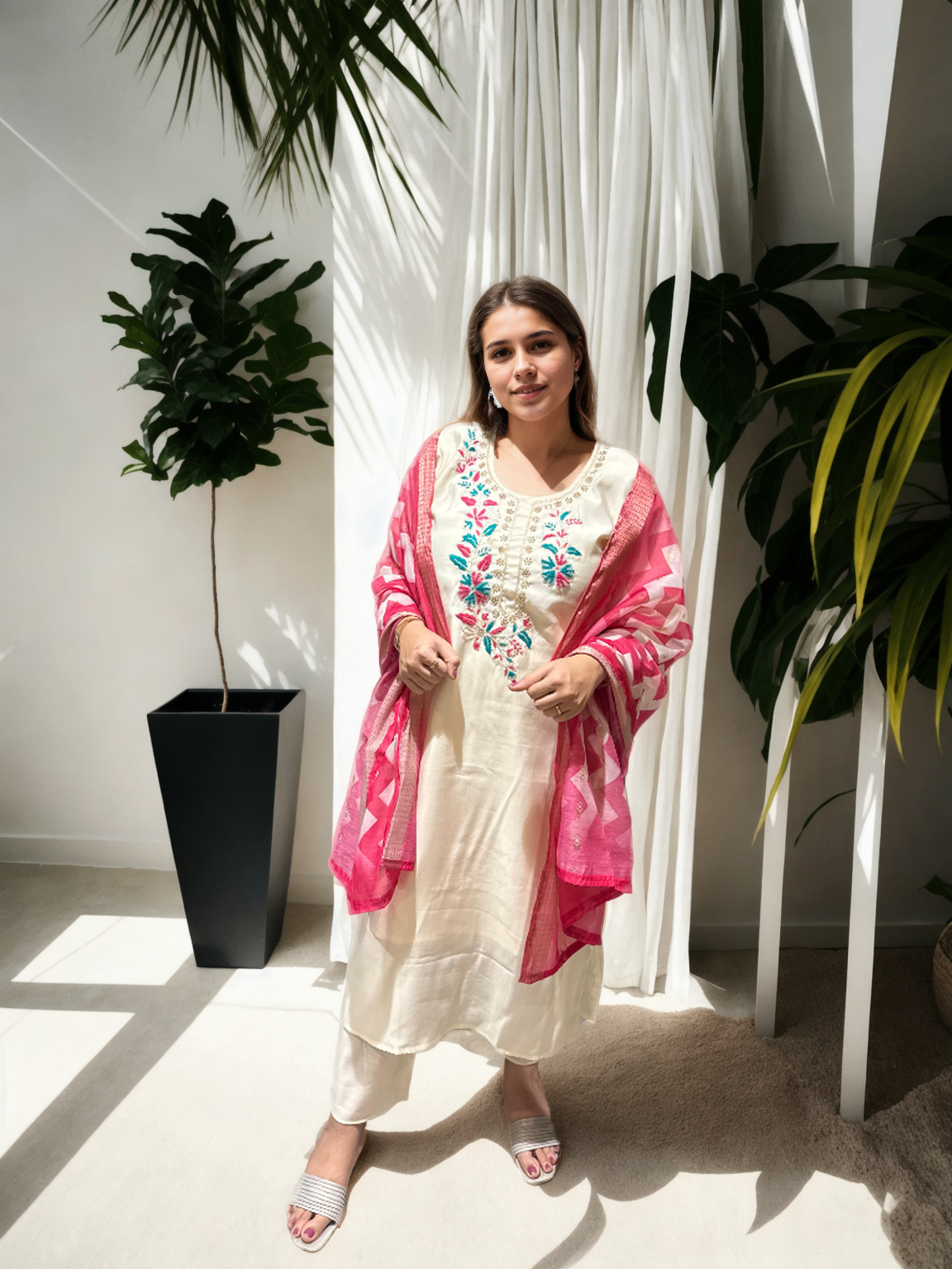 Elegant Roman Silk Suit with Hand Embroidered Neckline & Printed Chanderi Dupatta – Off White