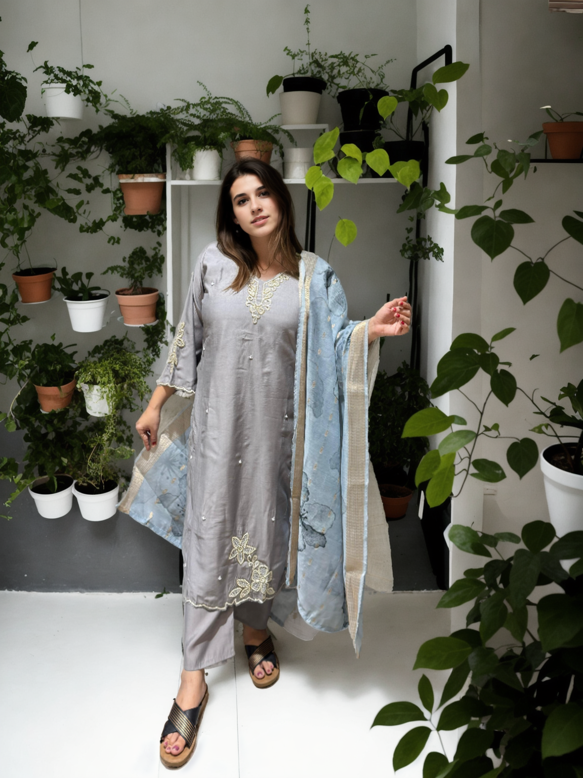 Pure Pearl Handwork Roman Silk Suit Set with Chanderi Dupatta (M-5xl)