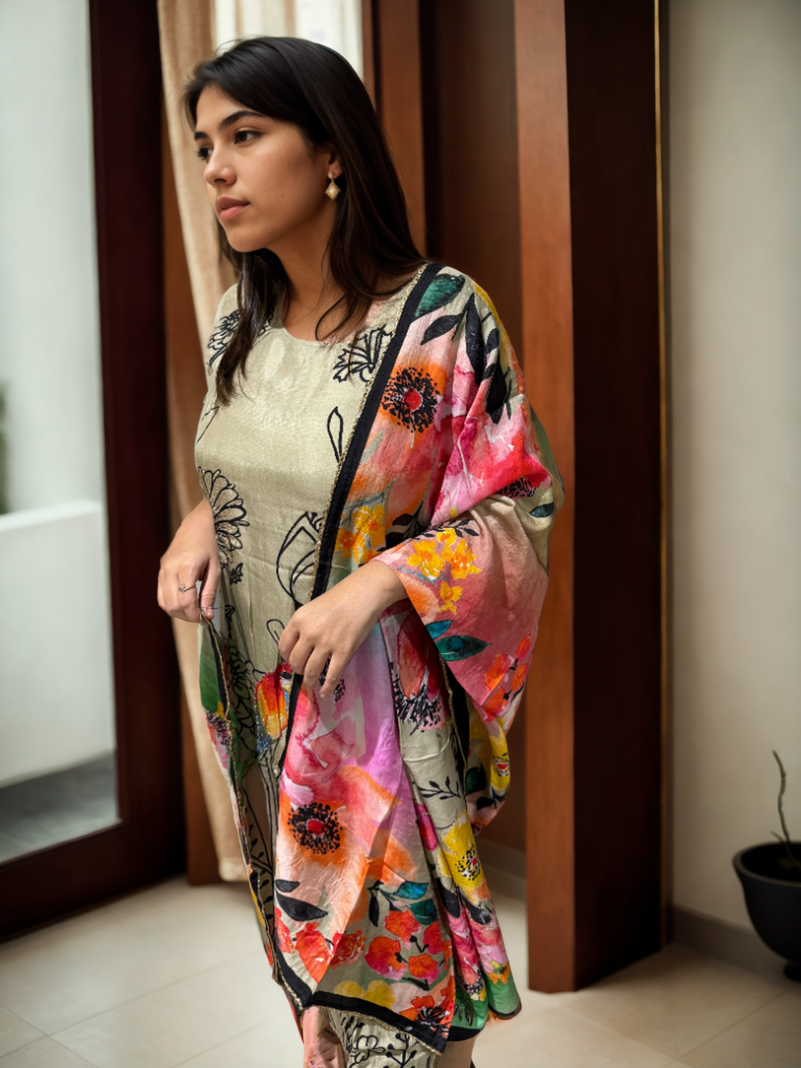 Parindey Pure Silk Suit Set with Bird Embroidery & Multicolor Dupatta | Signature Collection