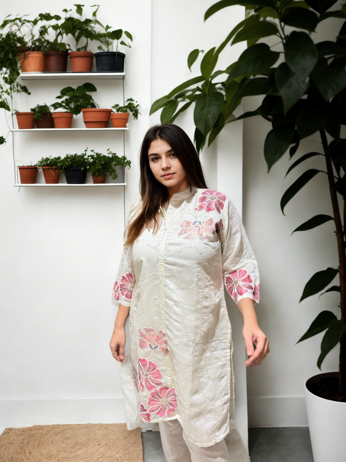 Chikan-Inspired Kurta Set with Bold Floral Appliqué