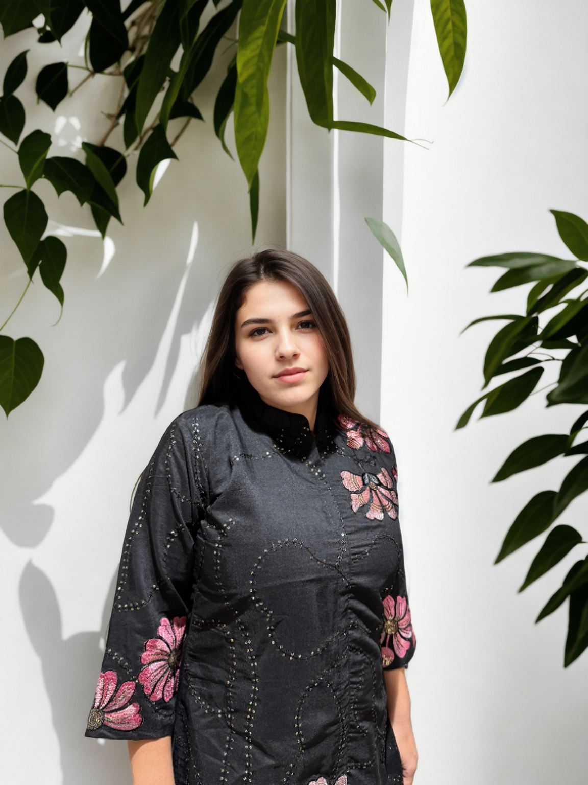 Chikan-Inspired Kurta Set with Bold Floral Appliqué