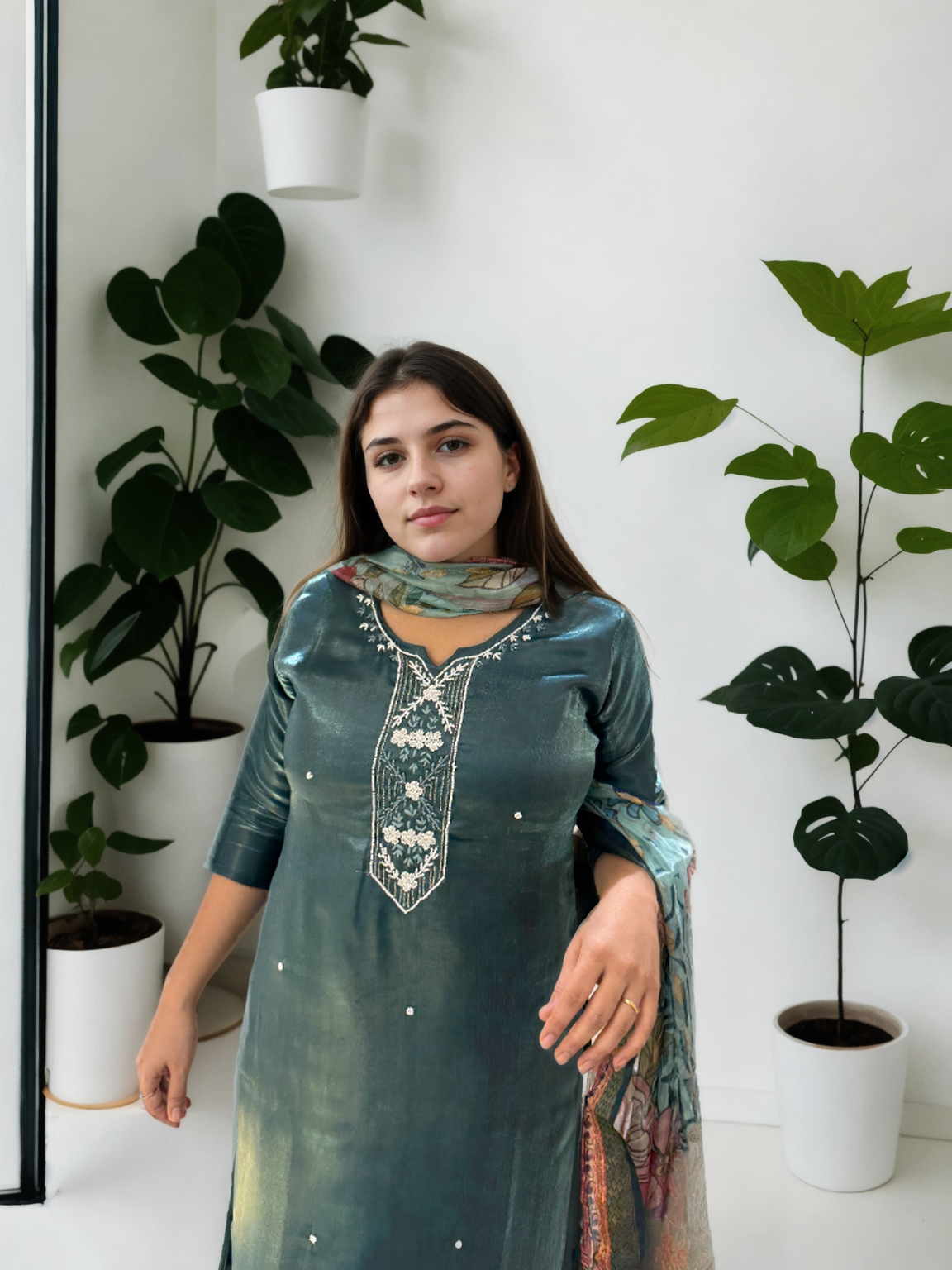 Royal Radiance: Mirror-Work Suit with Floral Digital Dupatta