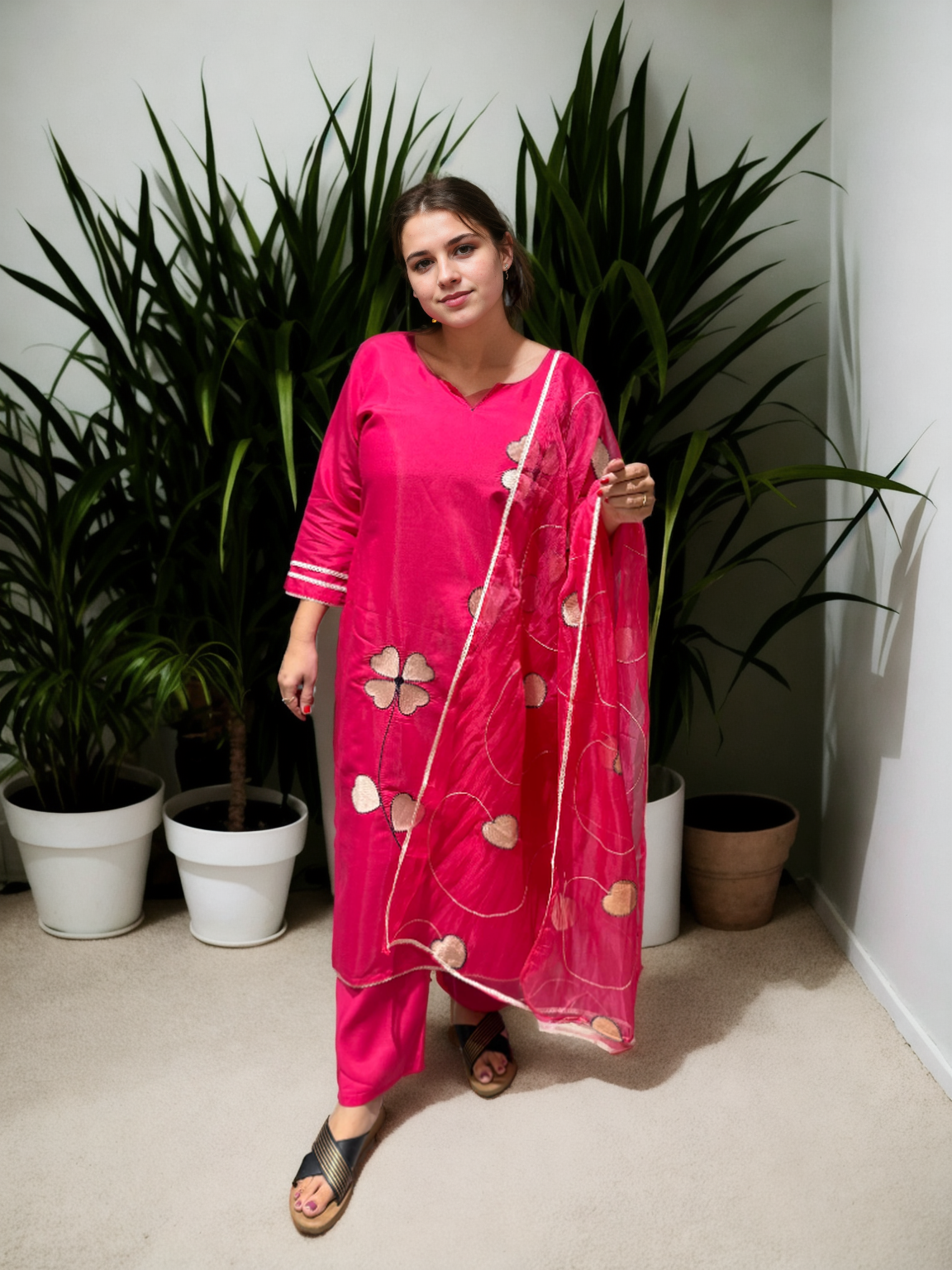 Heart Bloom Suit Set – Roman Silk with Organza Dupatta