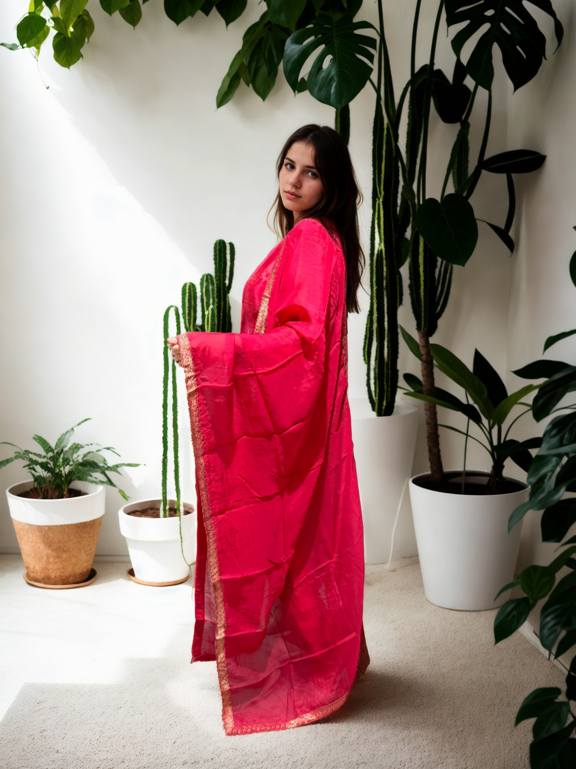 Rani Pink Silk Suit with Lotus Embroidery & Organza Dupatta