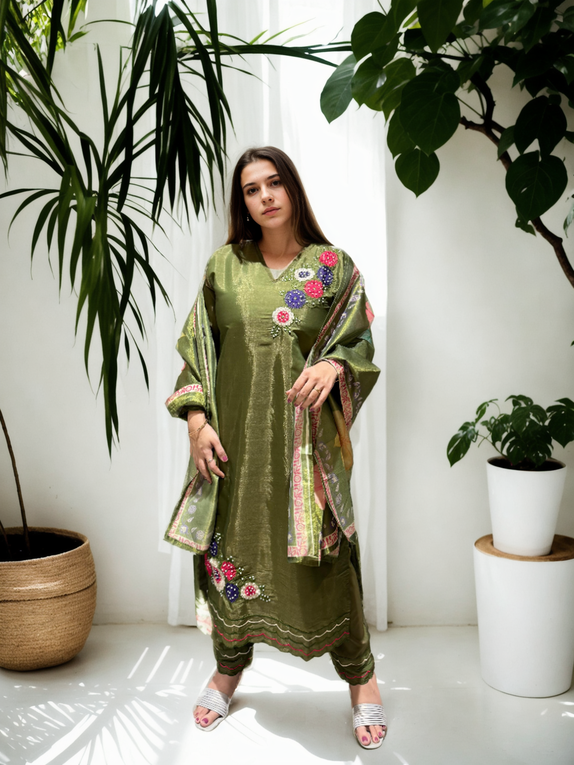 🌟 Shimmer Silk Suit with Digital Dupatta, Embroidery & Pearl Handwork – 3 Colors 🌟