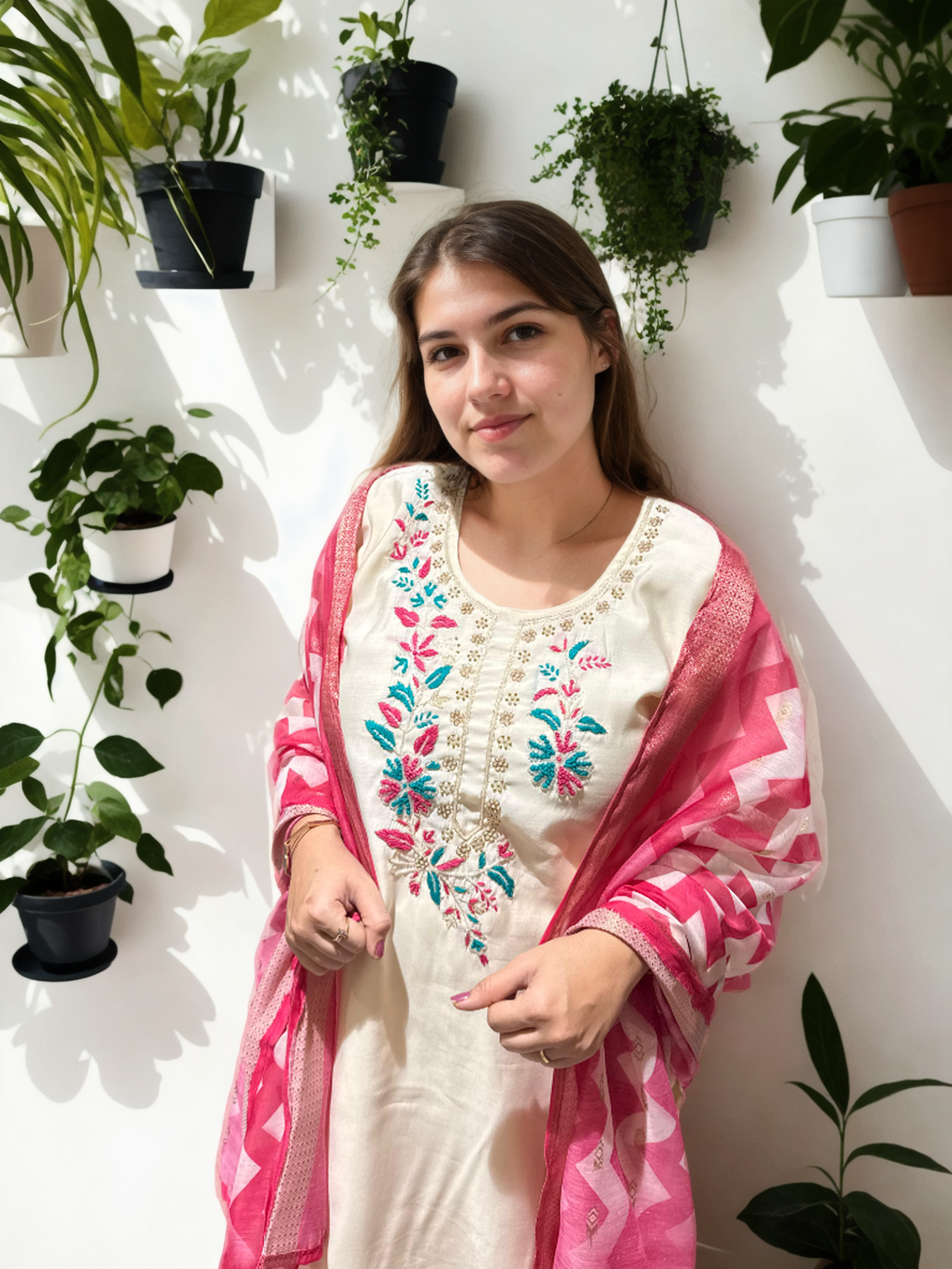 Elegant Roman Silk Suit with Hand Embroidered Neckline & Printed Chanderi Dupatta – Off White
