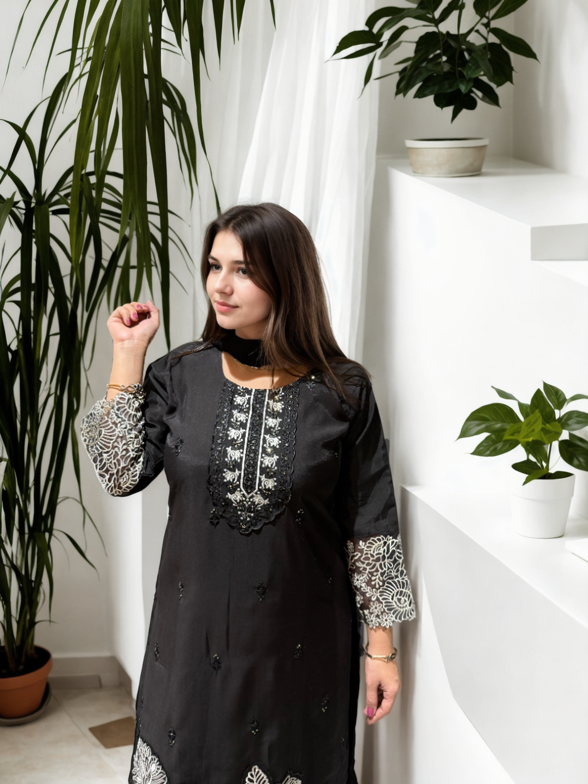 Embroidered Roman Silk Suit Set with Organza Sleeves & Cotton Naznin Dupatta – Signature Edition (5 Colors)