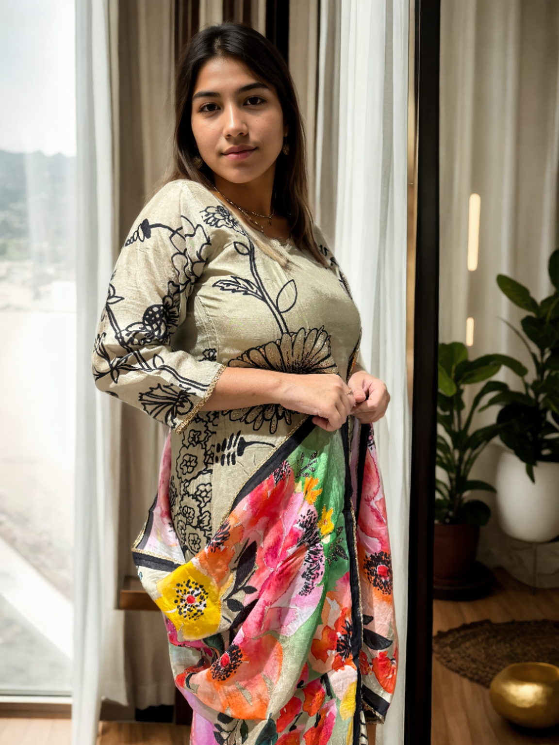 Parindey Pure Silk Suit Set with Bird Embroidery & Multicolor Dupatta | Signature Collection