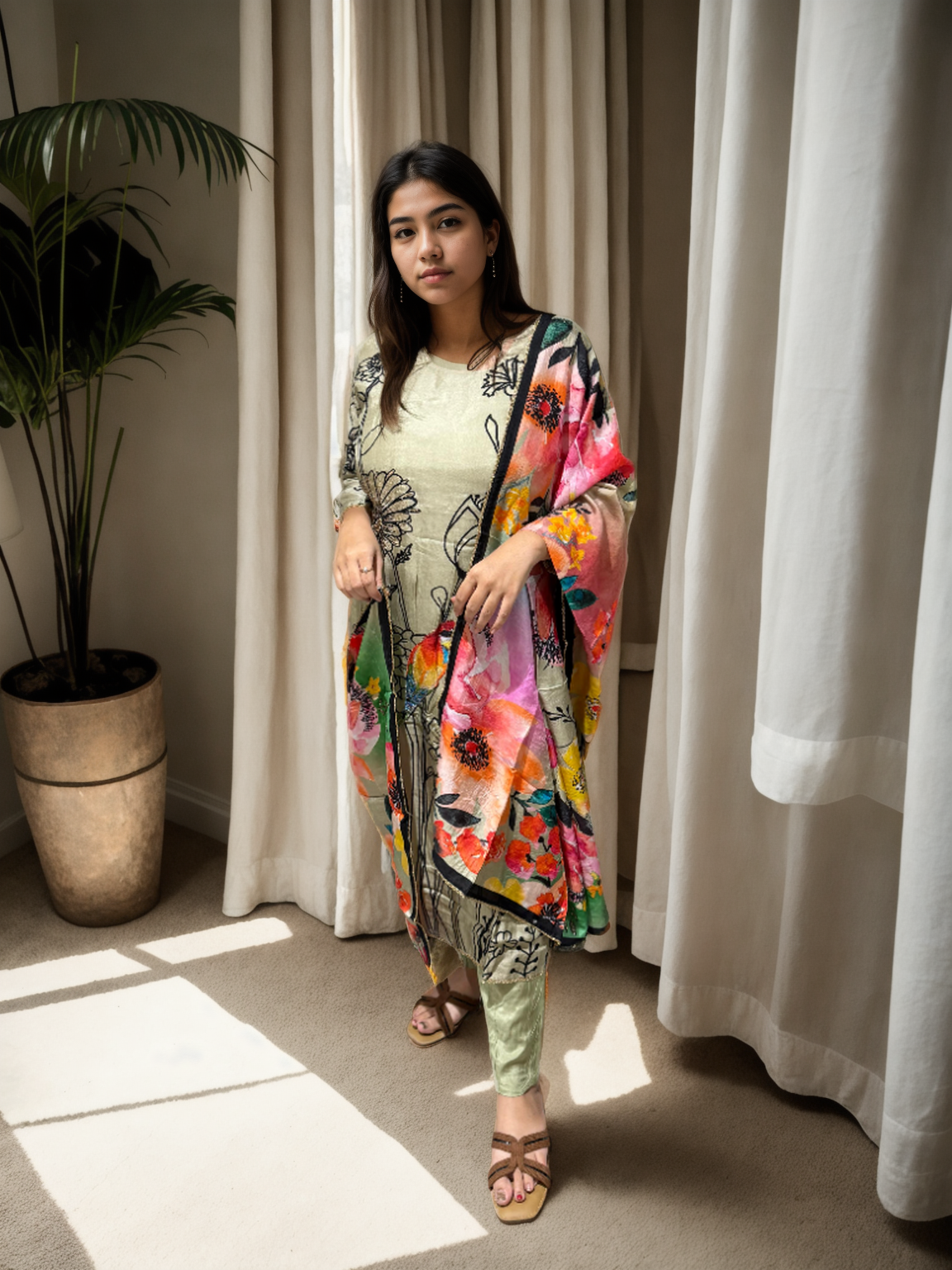 Parindey Pure Silk Suit Set with Bird Embroidery & Multicolor Dupatta | Signature Collection
